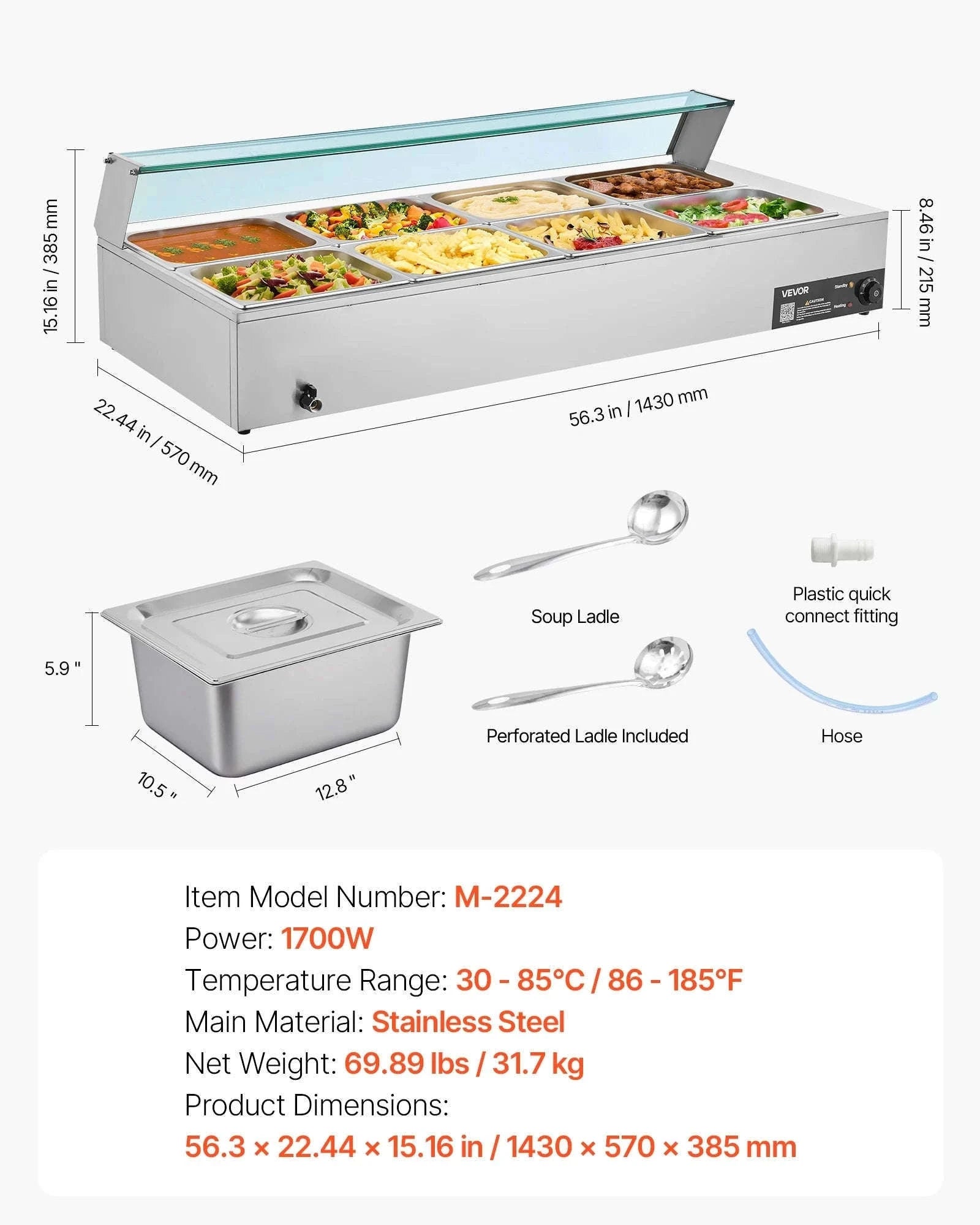 Commercial Electric Stainless Steel Steam Food Warmer with Glass Cover 3-Pan Countertop Buffet Bain Marie-8 pans / Germany