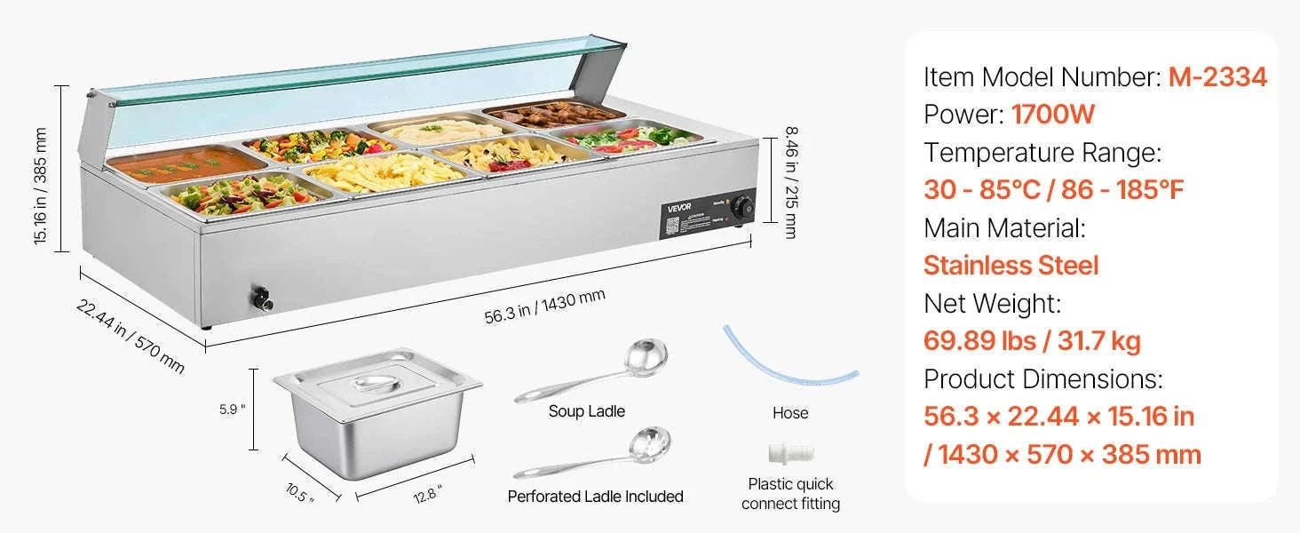 Commercial Electric Stainless Steel Steam Food Warmer with Glass Cover 3-Pan Countertop Buffet Bain Marie-8 pans / Germany