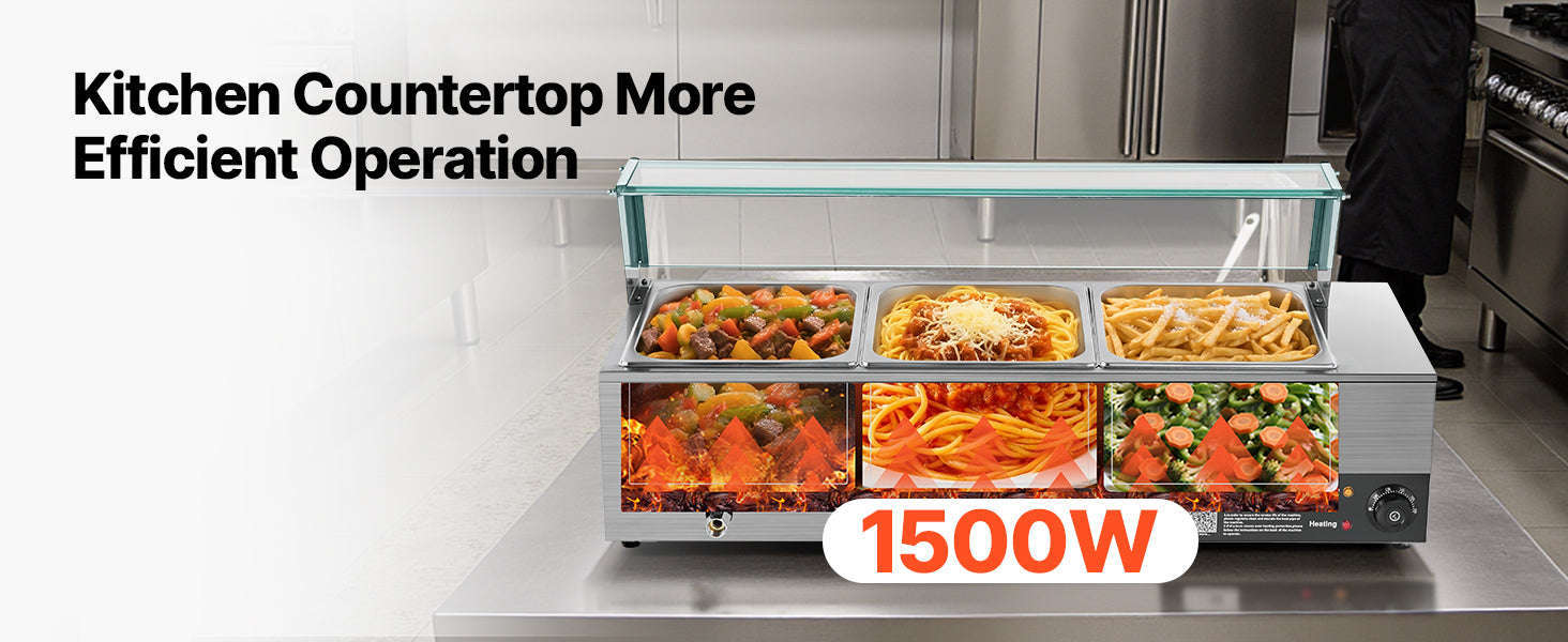 Commercial Electric Stainless Steel Steam Food Warmer with Glass Cover 3-Pan Countertop Buffet Bain Marie-8 pans / Germany