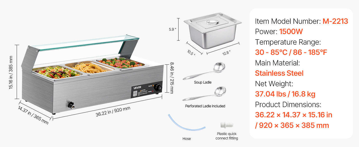 Commercial Electric Stainless Steel Steam Food Warmer with Glass Cover 3-Pan Countertop Buffet Bain Marie-8 pans / Germany