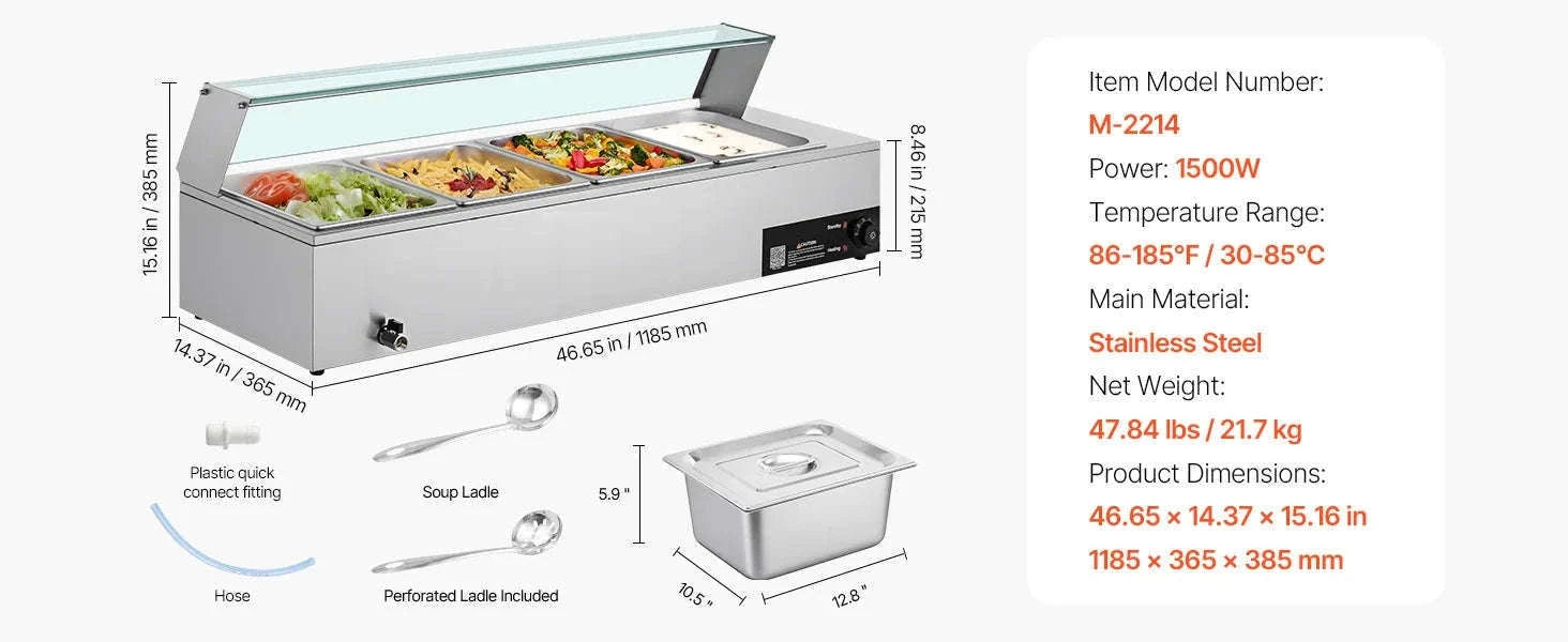Commercial Electric Stainless Steel Steam Food Warmer with Glass Cover 3-Pan Countertop Buffet Bain Marie-8 pans / Germany
