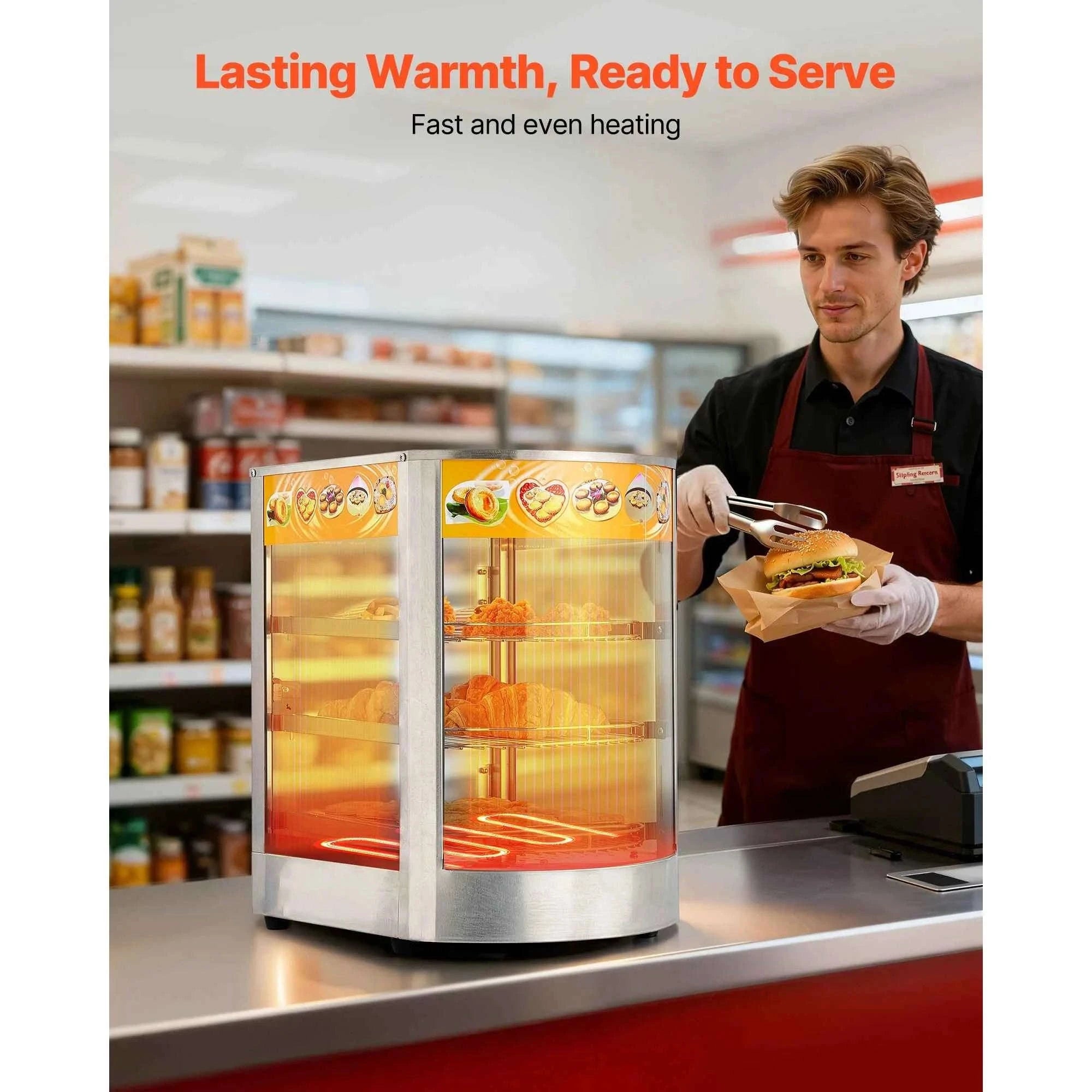 Commercial Food Warmer Display 800W with LED Light and Adjustable Stainless Steel Shelf-3 Tier 14 in / United States