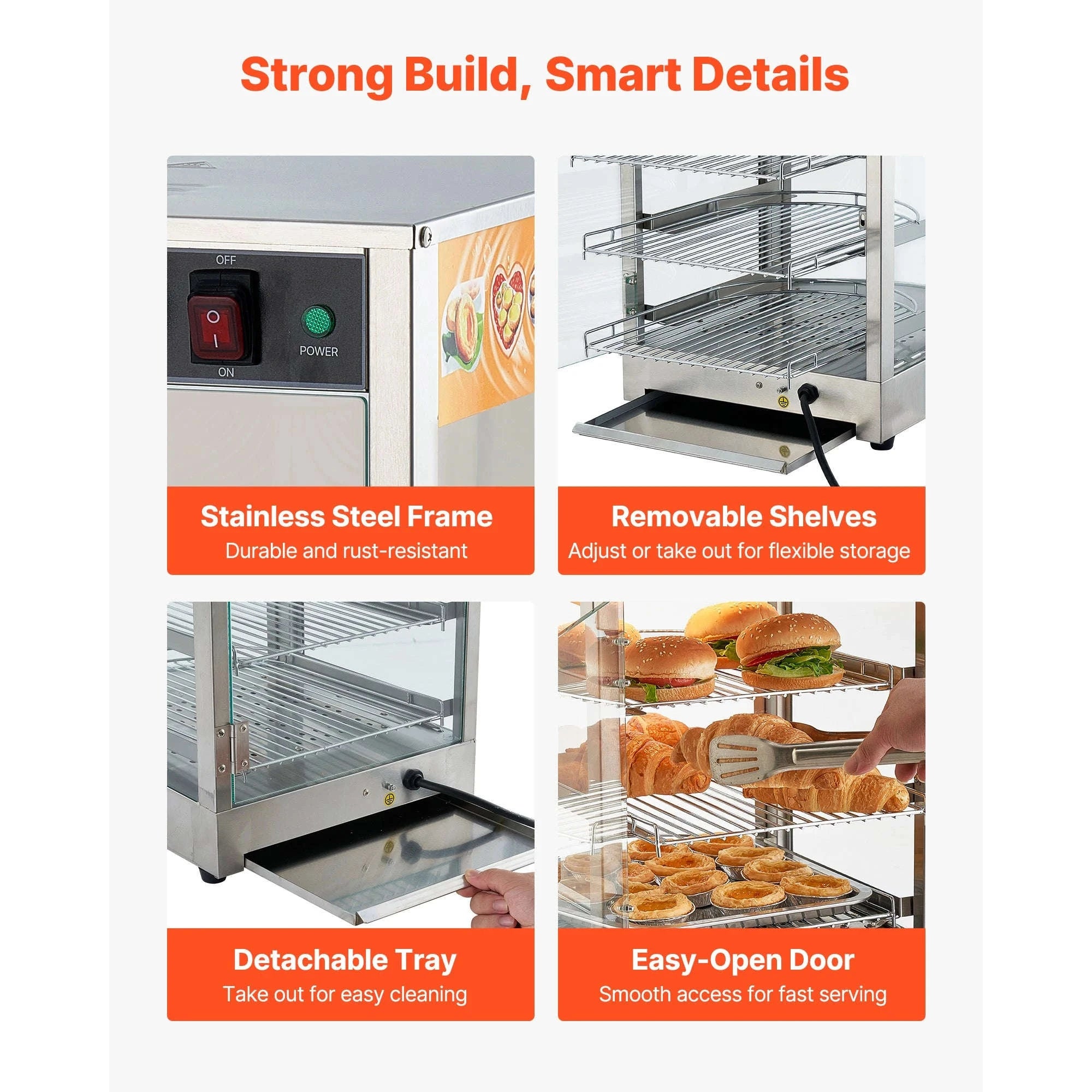 Commercial Food Warmer Display 800W with LED Light and Adjustable Stainless Steel Shelf-3 Tier 14 in / United States