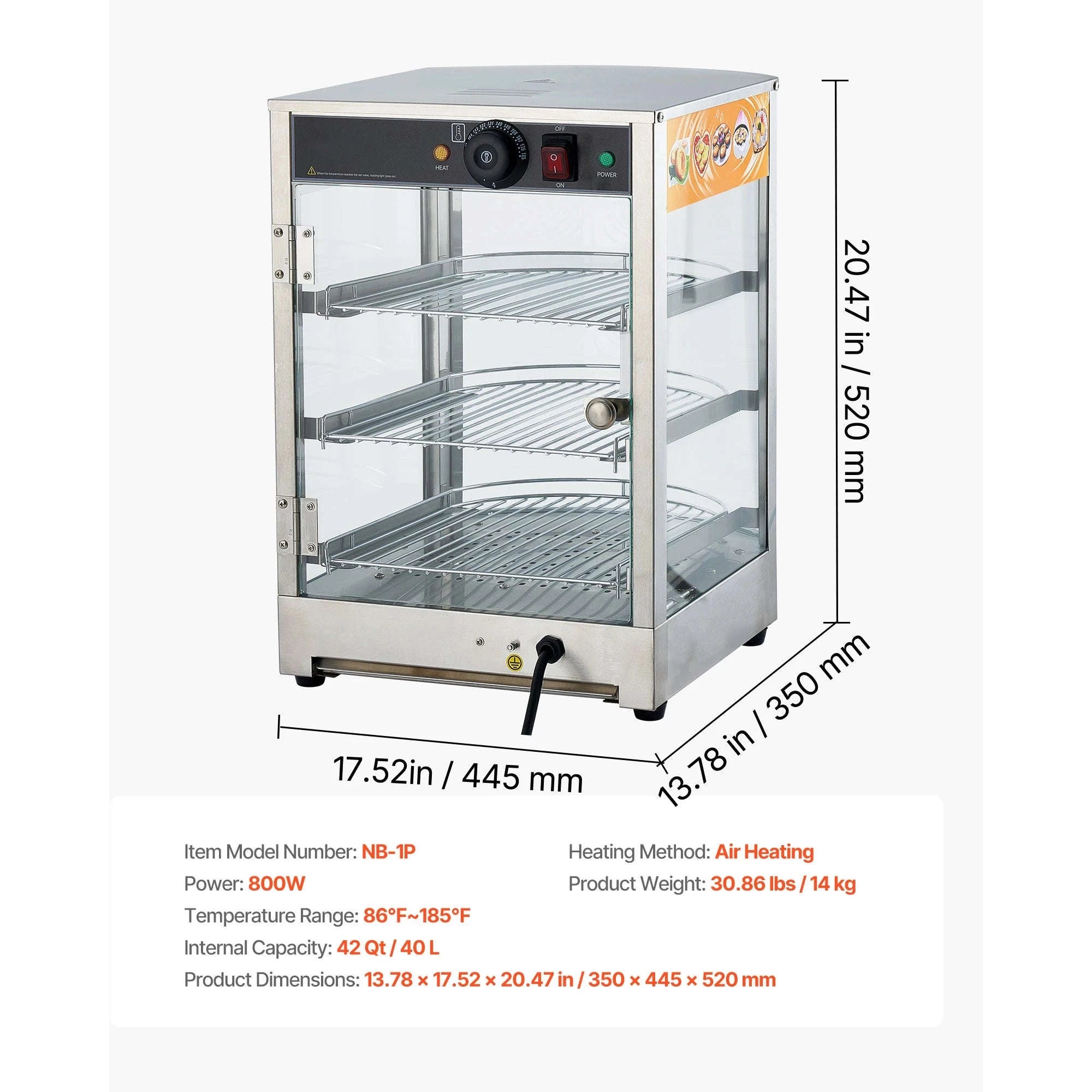 Commercial Food Warmer Display 800W with LED Light and Adjustable Stainless Steel Shelf-3 Tier 14 in / United States