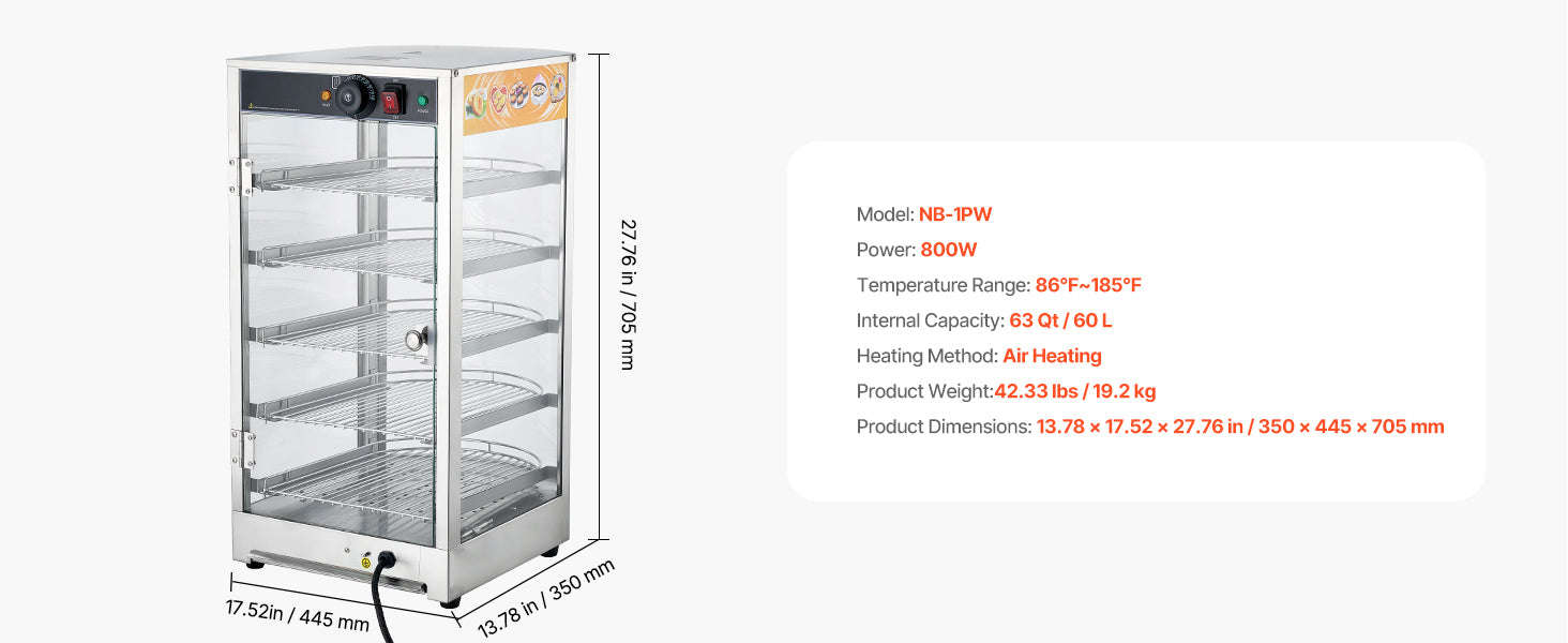 Commercial Food Warmer Display 800W with LED Light and Adjustable Stainless Steel Shelf-3 Tier 14 in / United States
