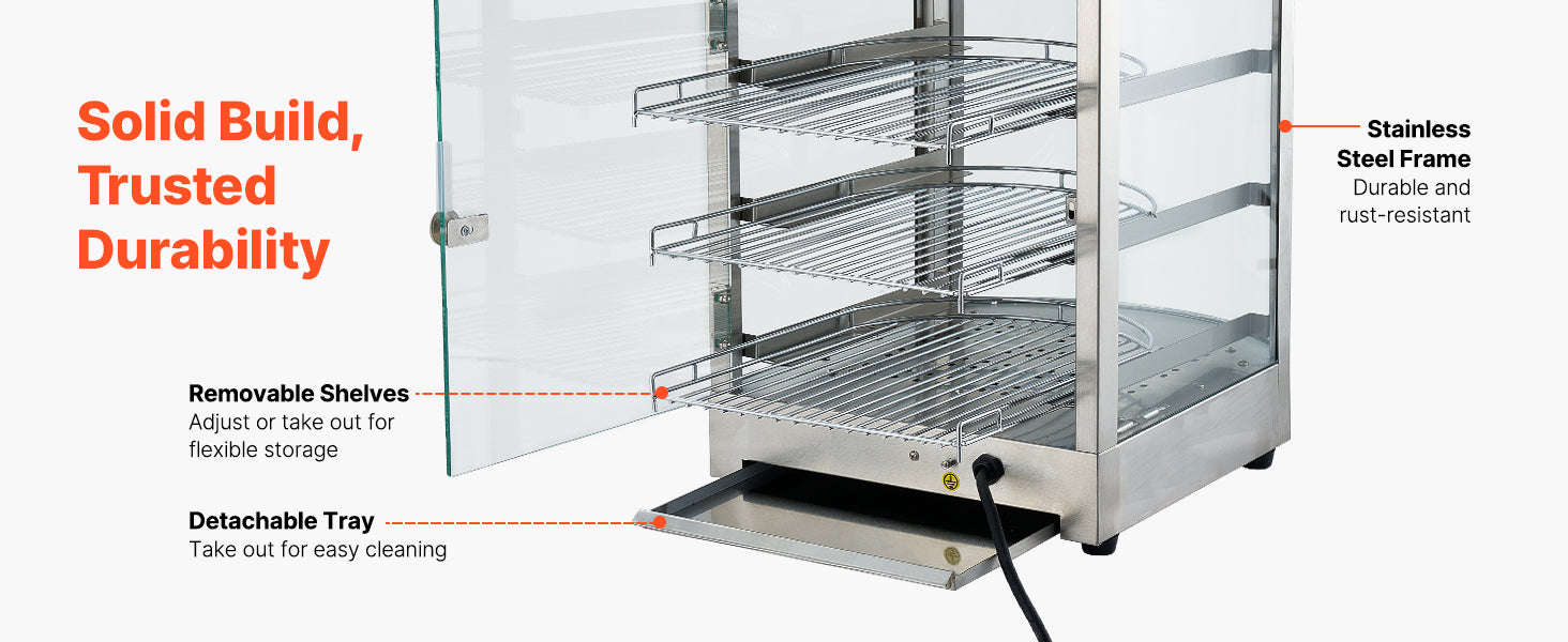 Commercial Food Warmer Display 800W with LED Light and Adjustable Stainless Steel Shelf-3 Tier 14 in / United States