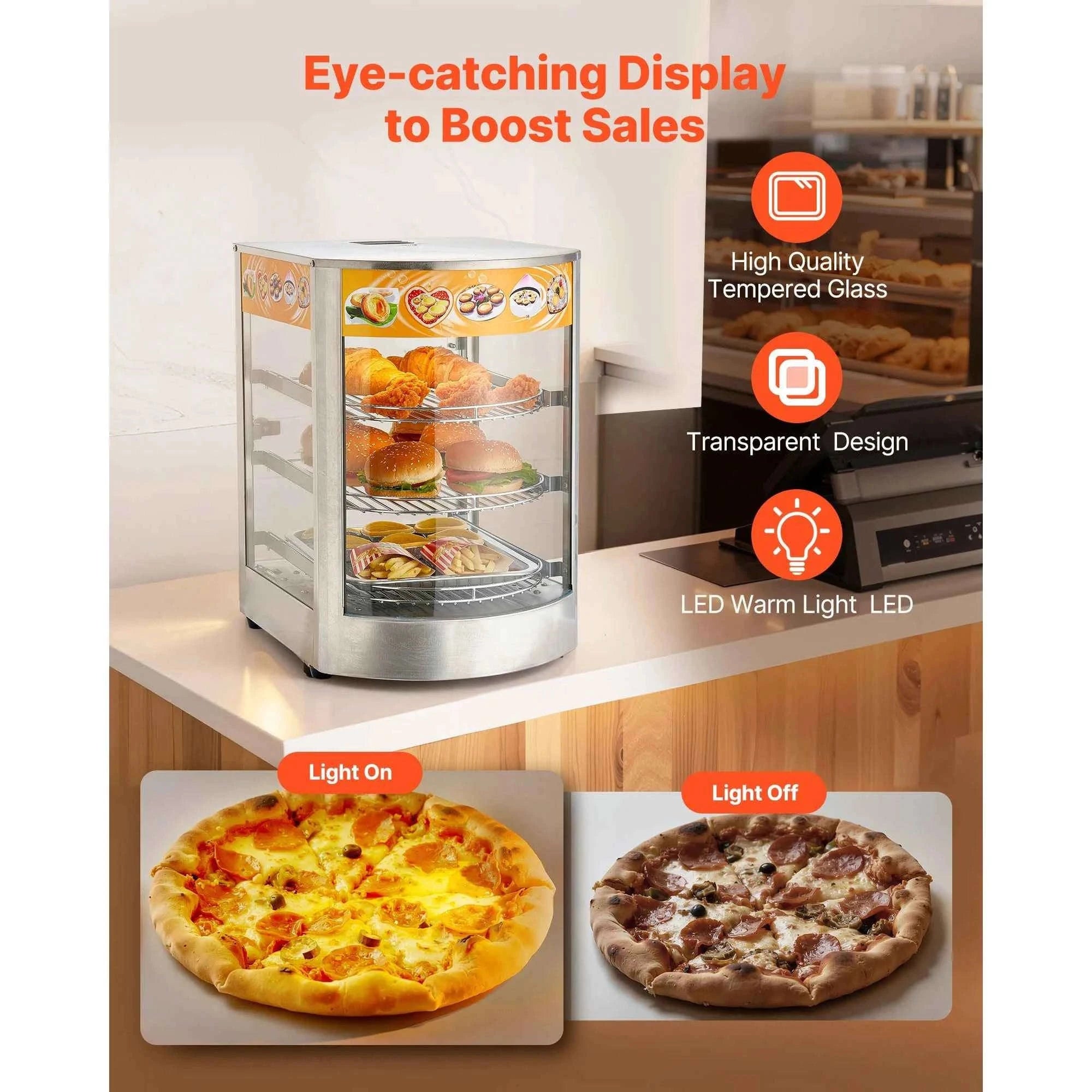 Commercial Food Warmer Display 800W with LED Light and Adjustable Stainless Steel Shelf-3 Tier 14 in / United States