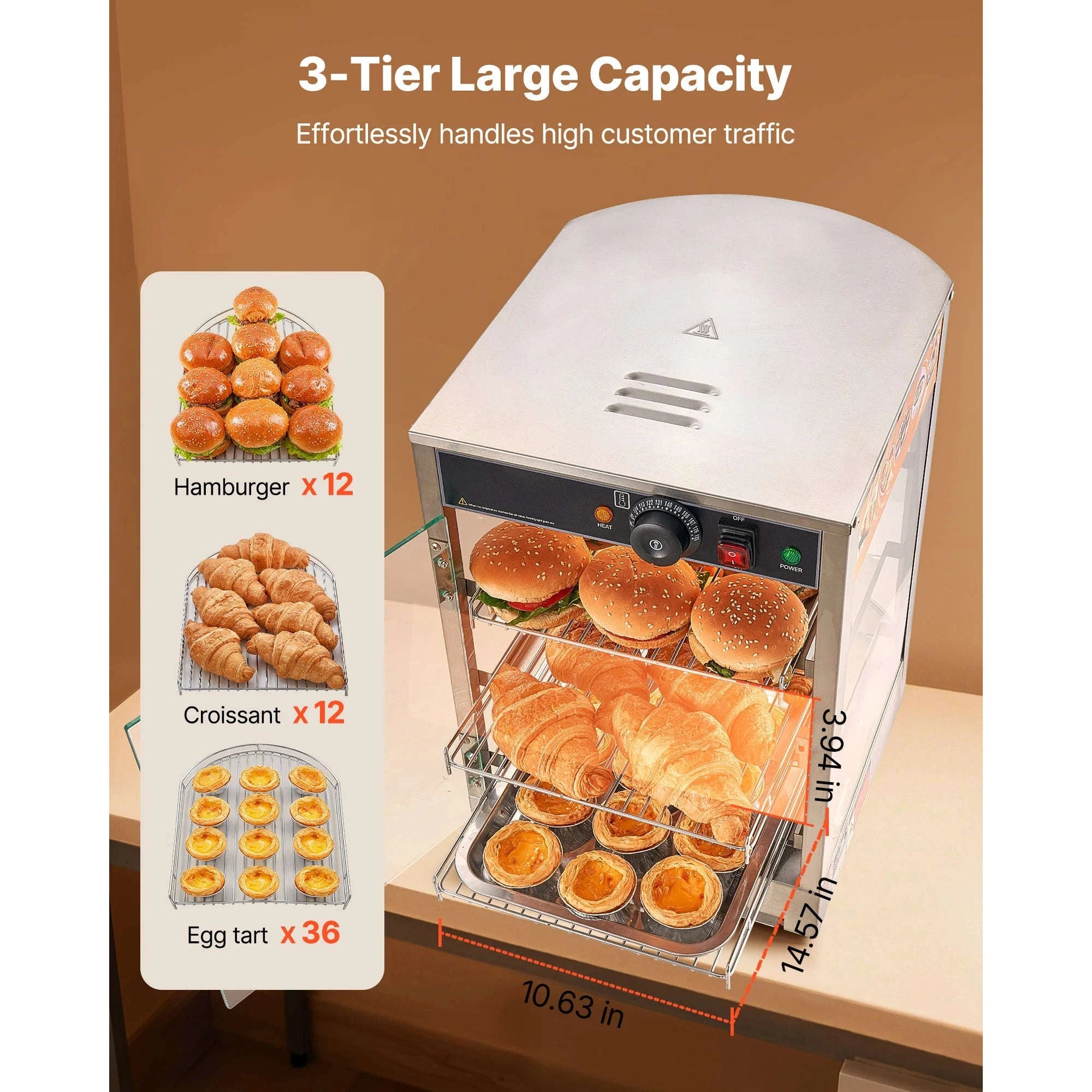 Commercial Food Warmer Display 800W with LED Light and Adjustable Stainless Steel Shelf-3 Tier 14 in / United States