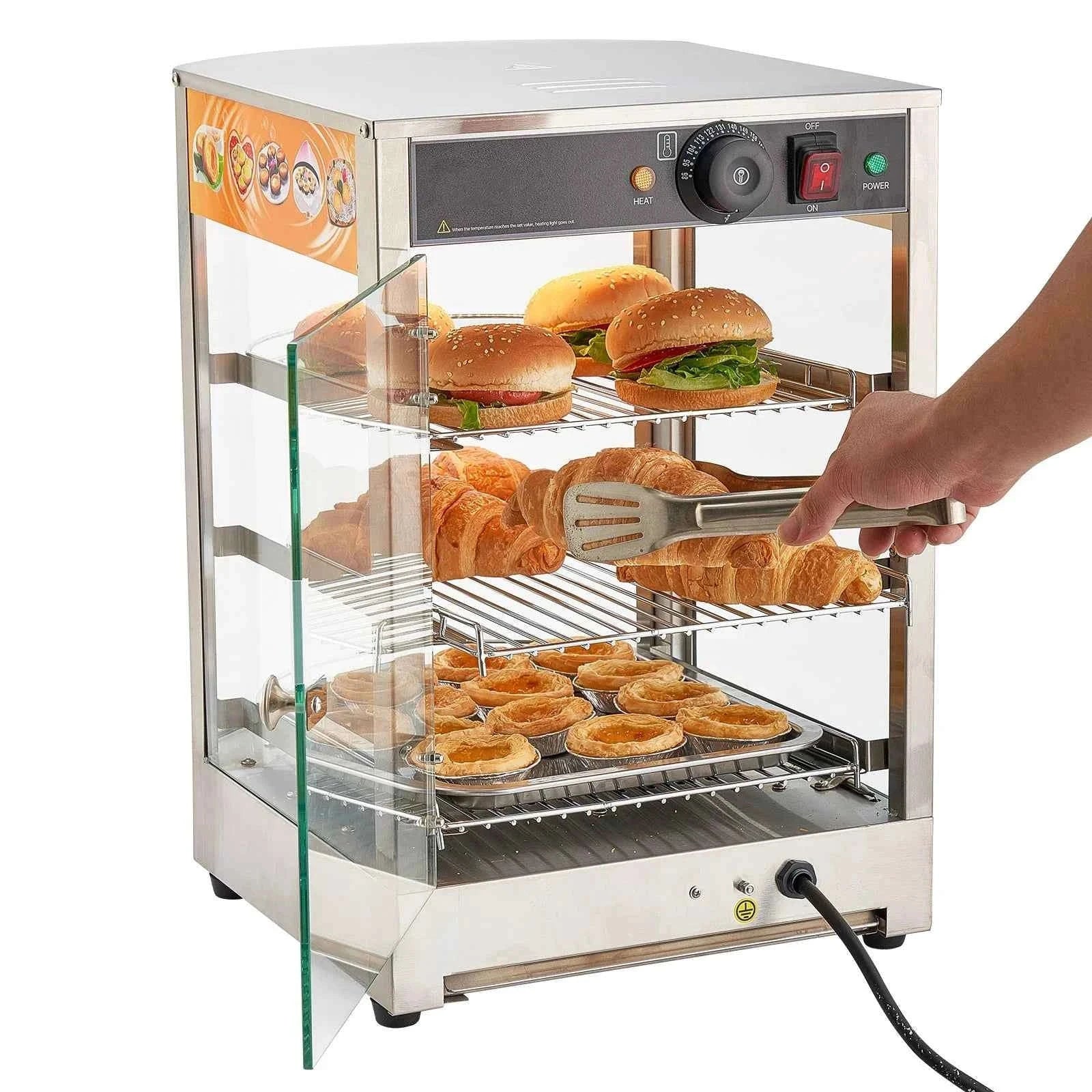 Commercial Food Warmer Display 800W with LED Light and Adjustable Stainless Steel Shelf-3 Tier 14 in / United States