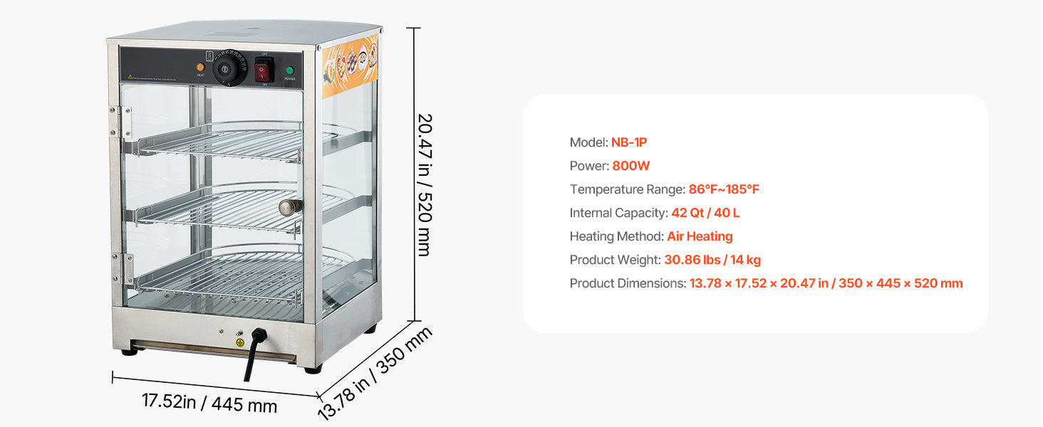 Commercial Food Warmer Display 800W with LED Light and Adjustable Stainless Steel Shelf