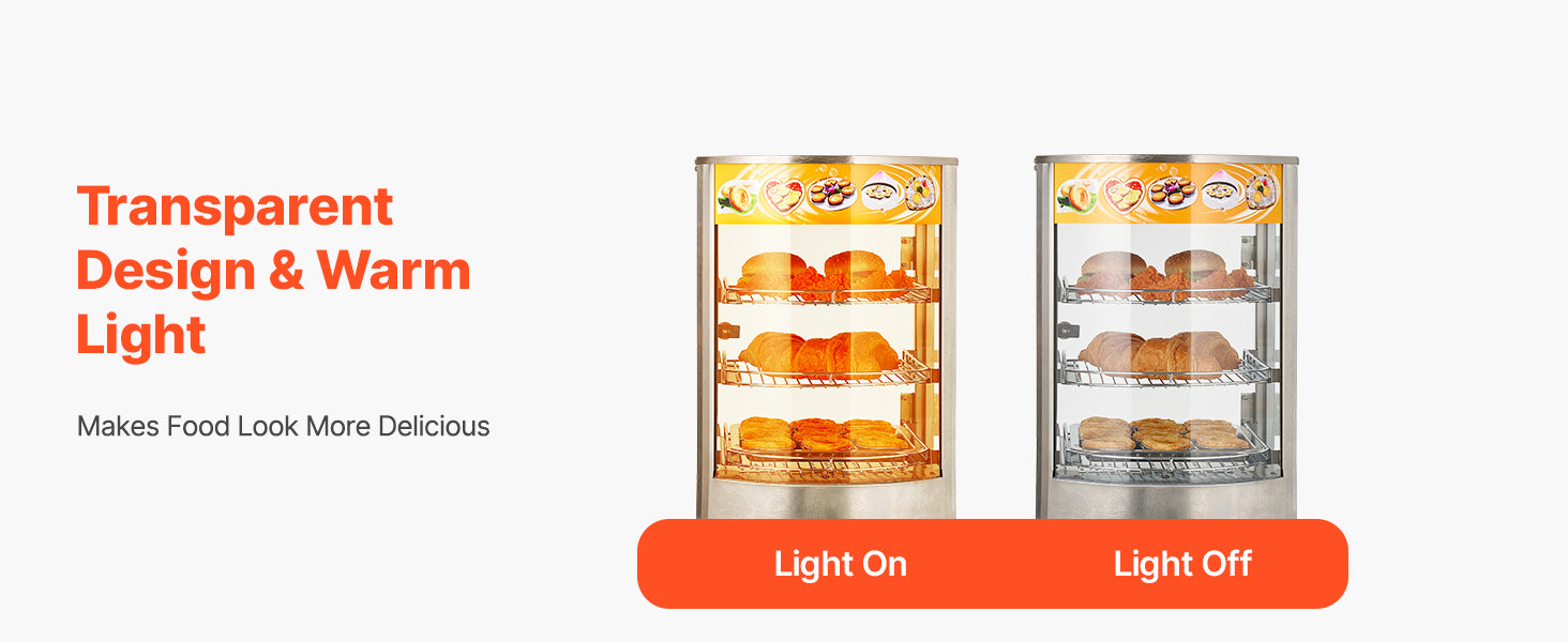 Commercial Food Warmer Display 800W with LED Light and Adjustable Stainless Steel Shelf