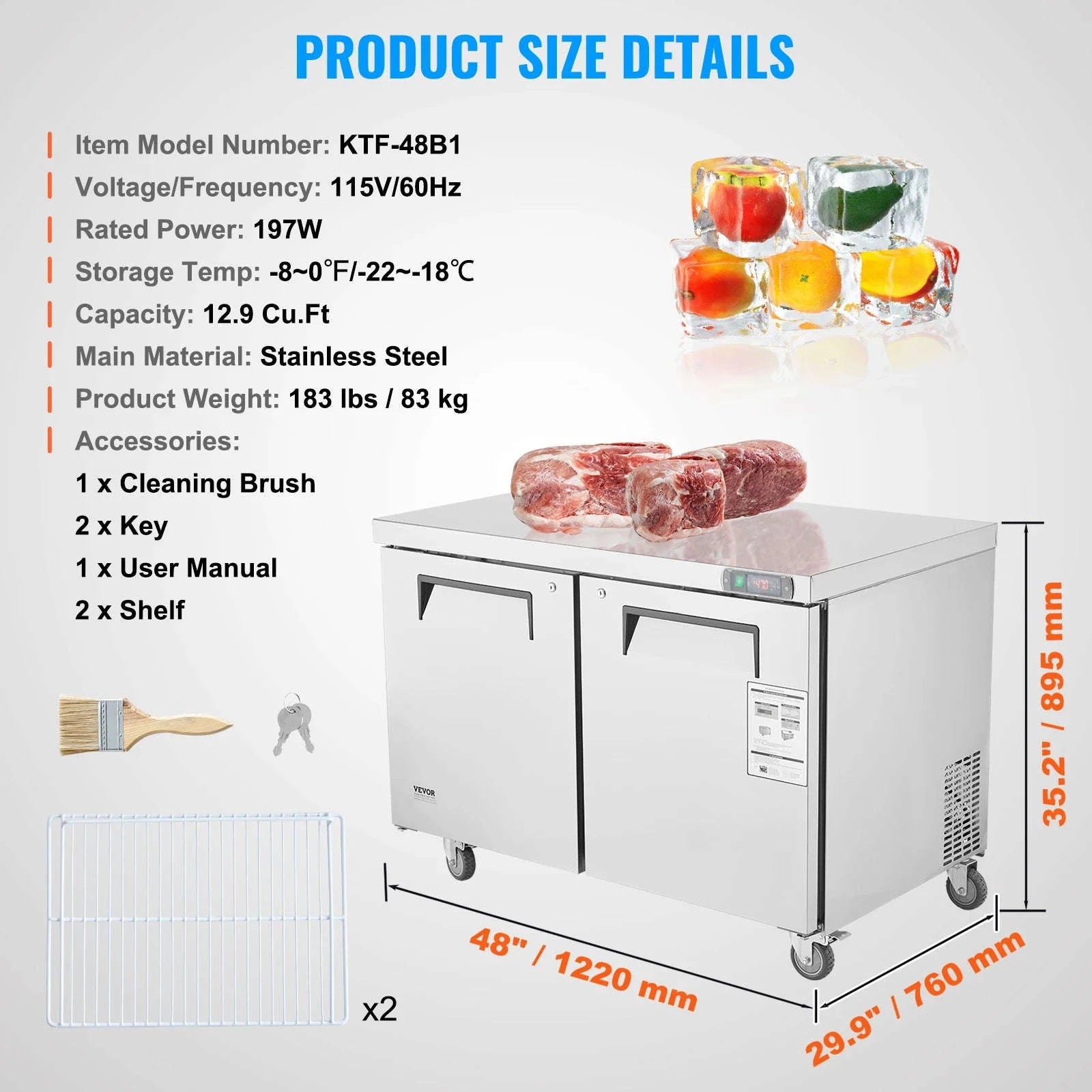 Commercial Frozen Prep Table 7.4 Cu. Ft Stainless Steel-7.4 Cu.Ft 28 inch / United States