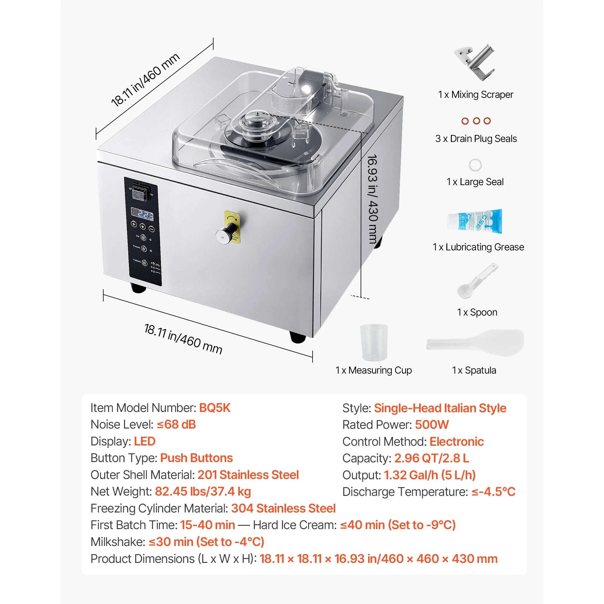 Commercial Hard Ice Cream Machine 500W 1.32 Gal/Hour 2.8L Cylinder-2.8L / United States
