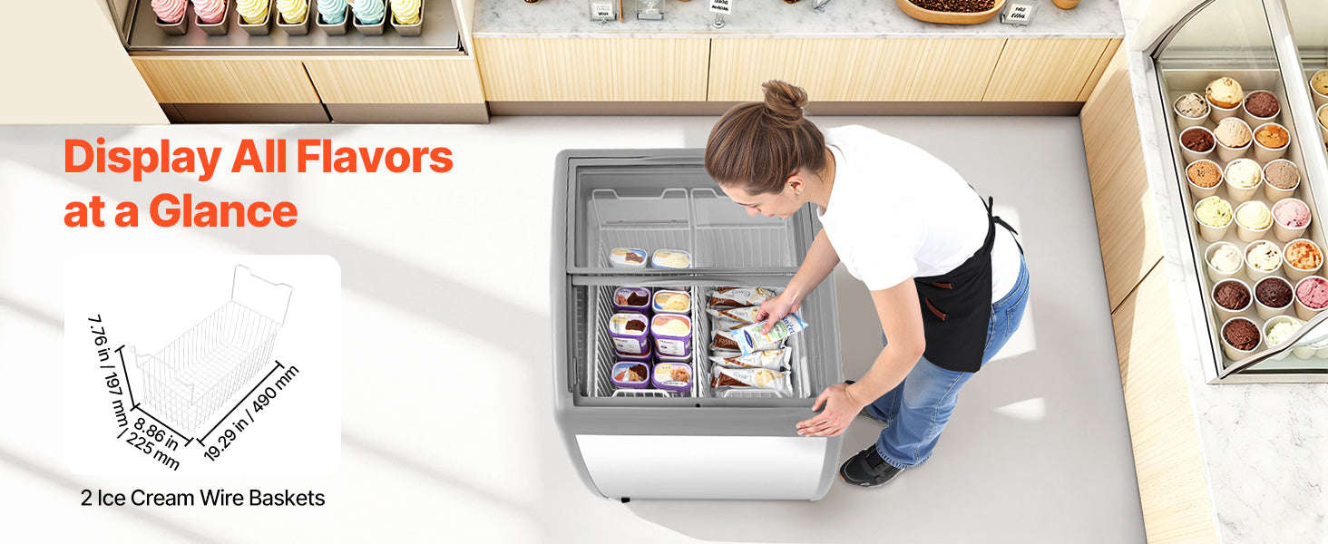Commercial Ice Cream Display Case with Glass Doors, Casters and LED-5.4cubic feet / United States