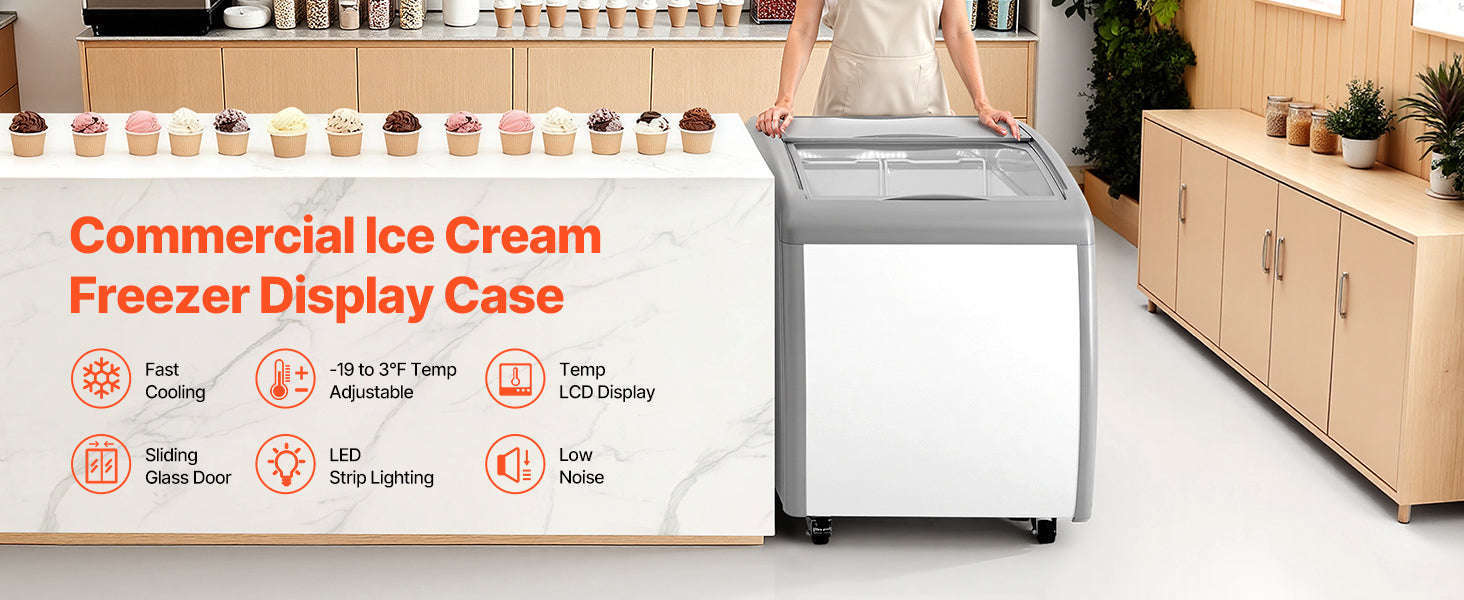 Commercial Ice Cream Display Case with Glass Doors, Casters and LED-5.4cubic feet / United States