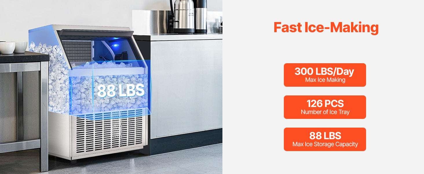 Commercial Ice Maker 300lbs/Day with 88lb Storage & Self-Clean-United States