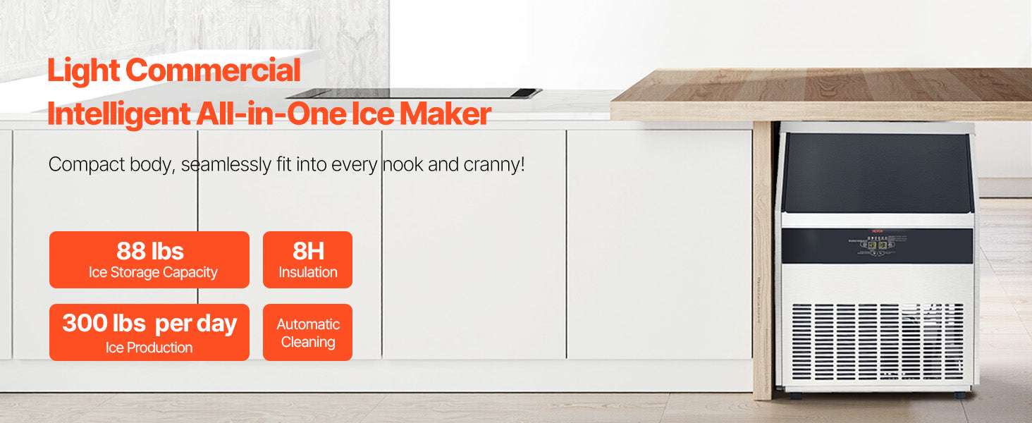 Commercial Ice Maker 300lbs/Day with 88lb Storage & Self-Clean-United States