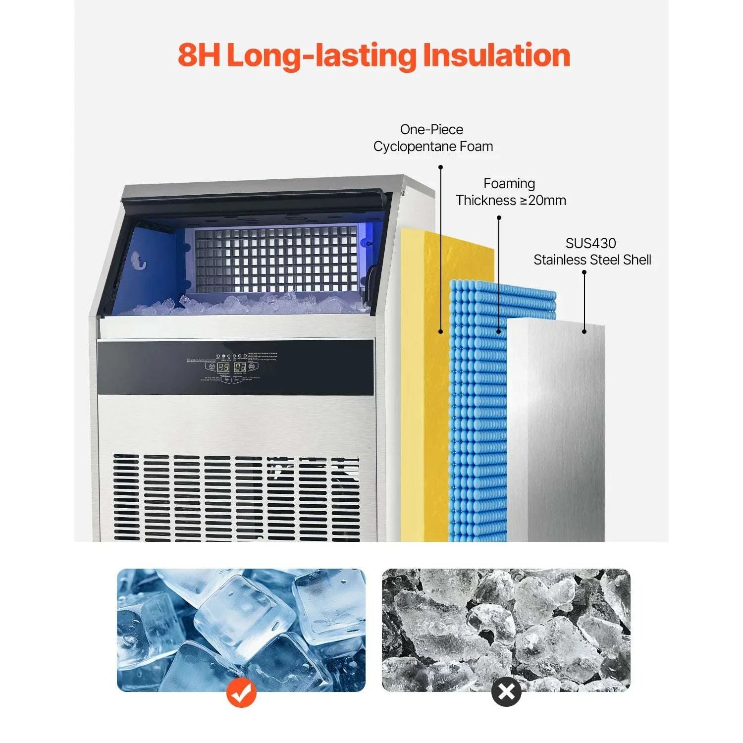 Commercial Ice Maker 300lbs/Day with 88lb Storage & Self-Clean-United States