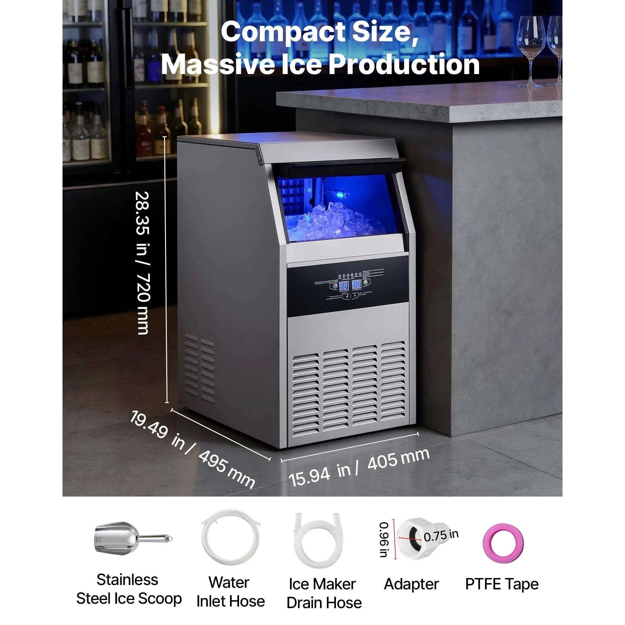 Commercial Ice Maker 80lbs/24h with LED Display & Self-Cleaning-130lbs per 24H / United States