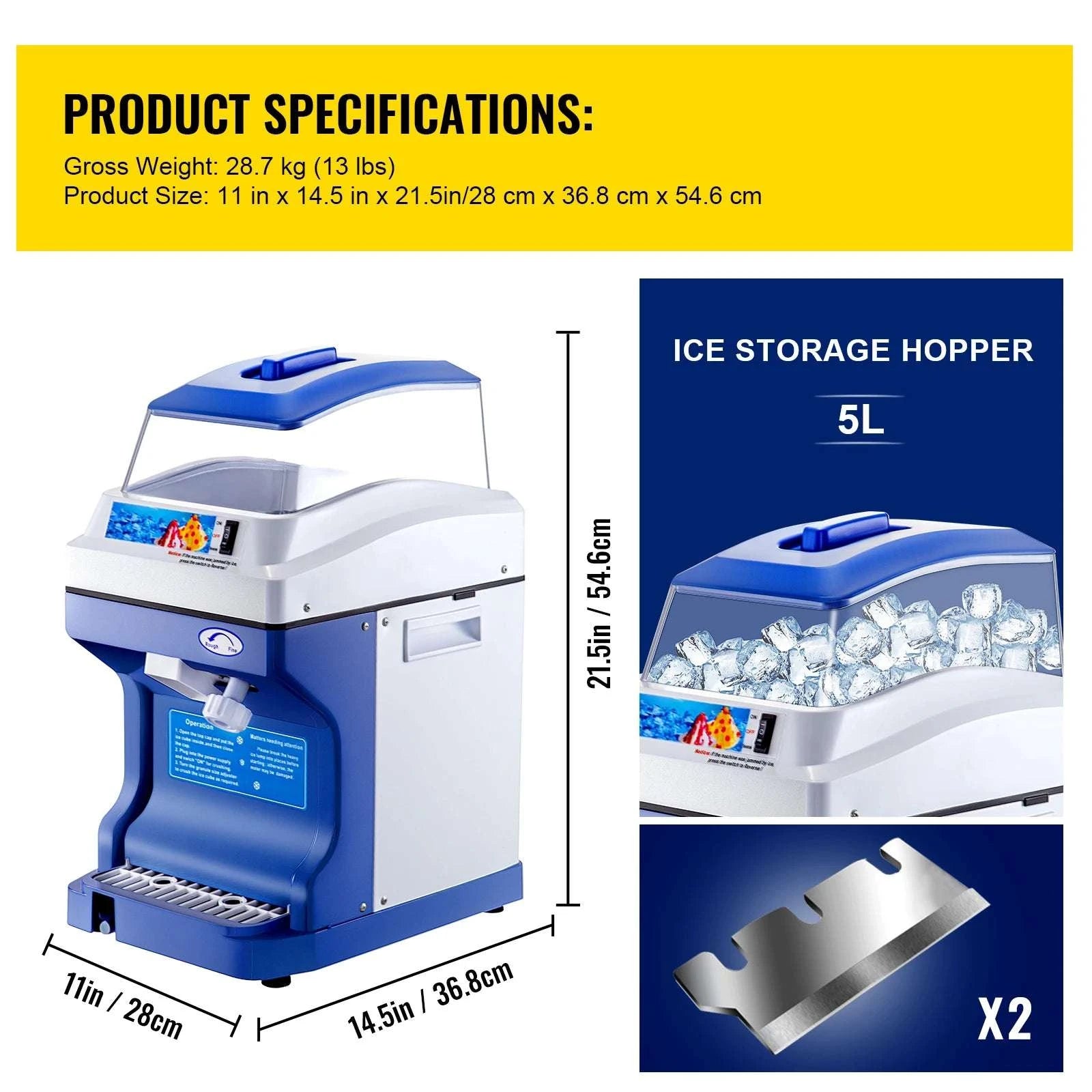 Commercial Ice Shaver 441 lbs/h Electric Snow Cone Machine 5L Hopper-441lbs per hour / United States