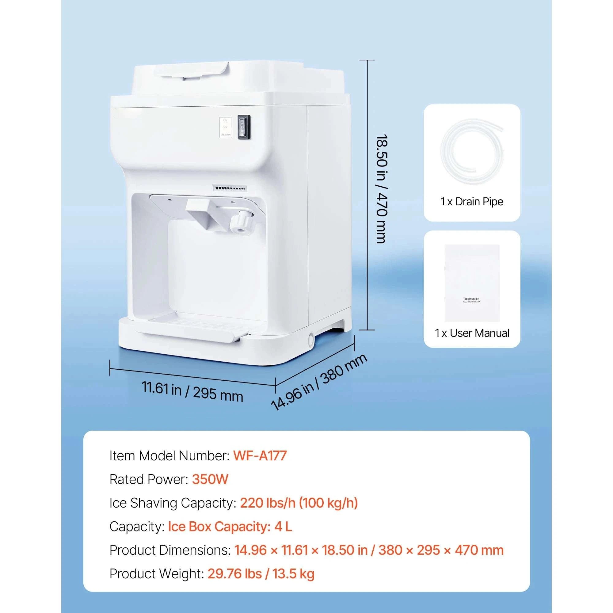 Commercial Ice Shaver Machine 220 lbs/hr Snow Cone Maker 110V-8L Ice Cube Box / United States