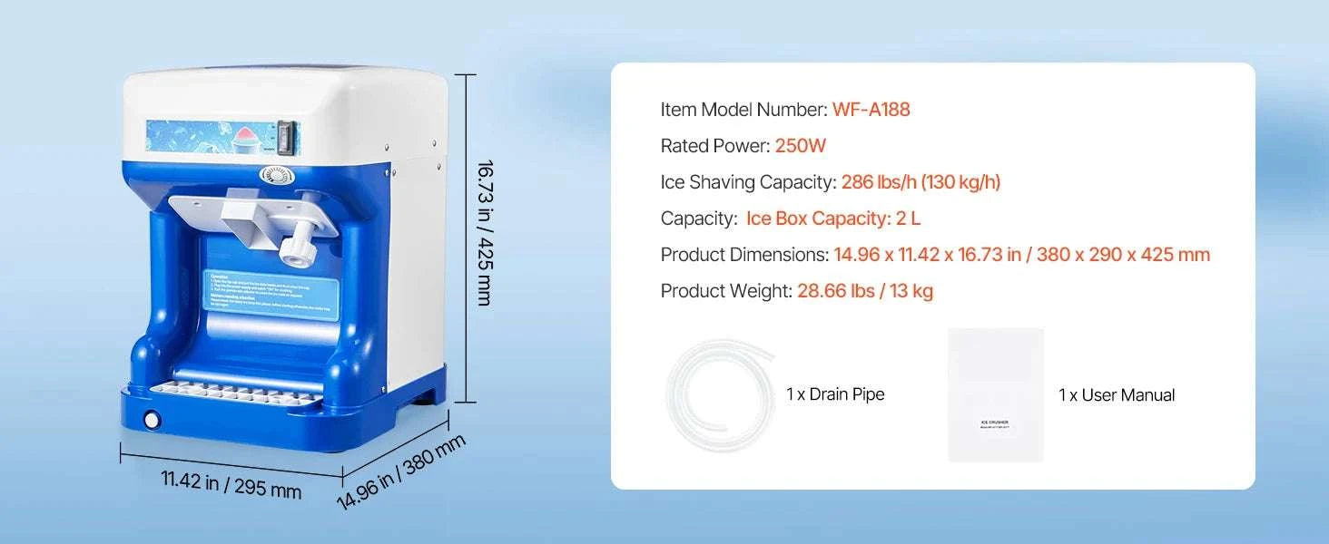 Commercial Ice Shaver Machine 220 lbs/hr Snow Cone Maker 110V-8L Ice Cube Box / United States