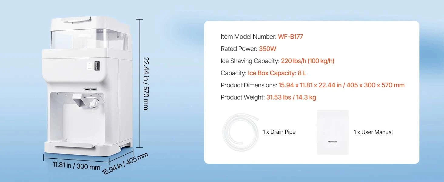 Commercial Ice Shaver Machine 220 lbs/hr Snow Cone Maker 110V-8L Ice Cube Box / United States