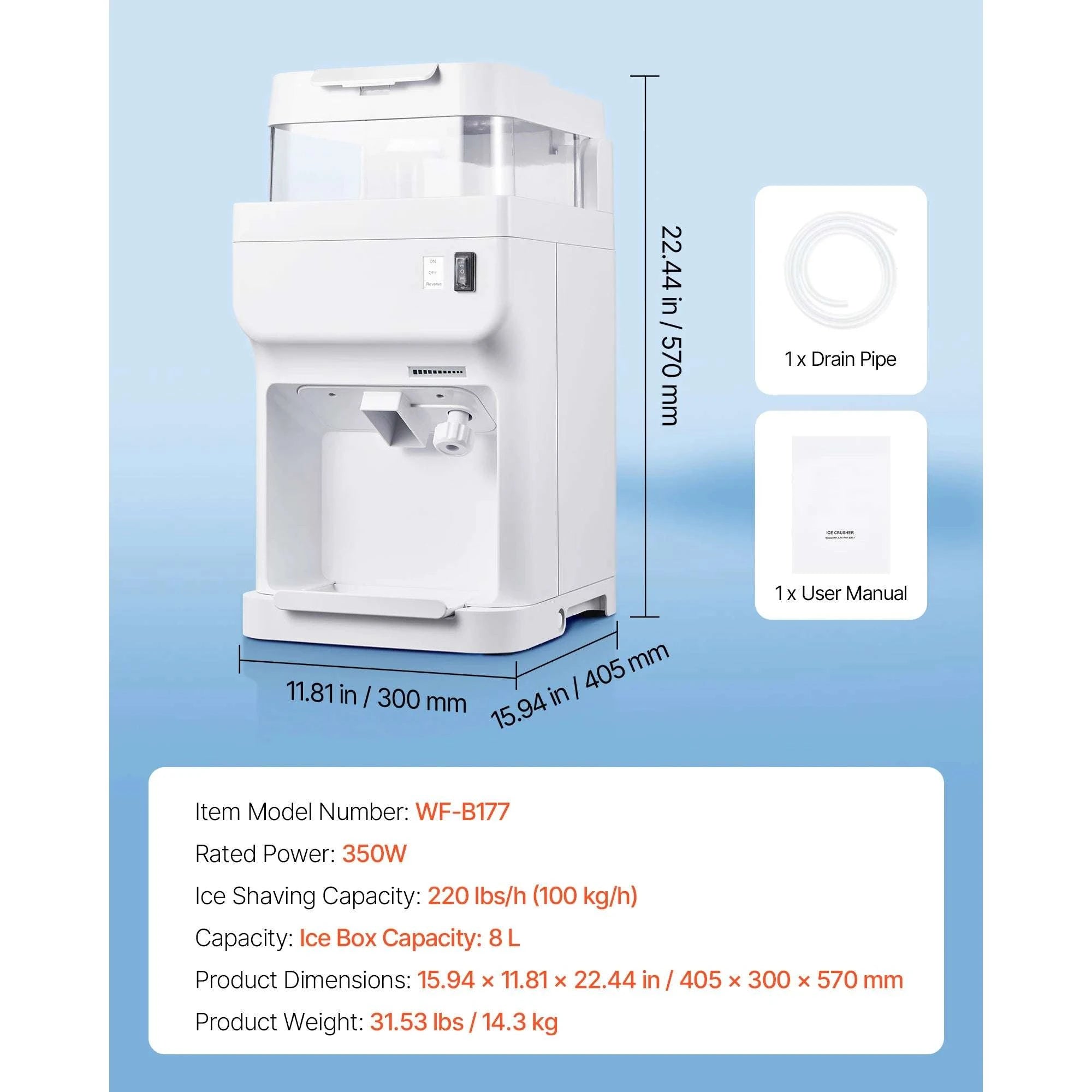 Commercial Ice Shaver Machine 220 lbs/hr Snow Cone Maker 110V-8L Ice Cube Box / United States