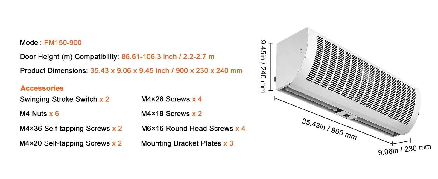 Commercial Indoor Air Curtain with 2 Speeds for Doorways-36in cross-flow / United States