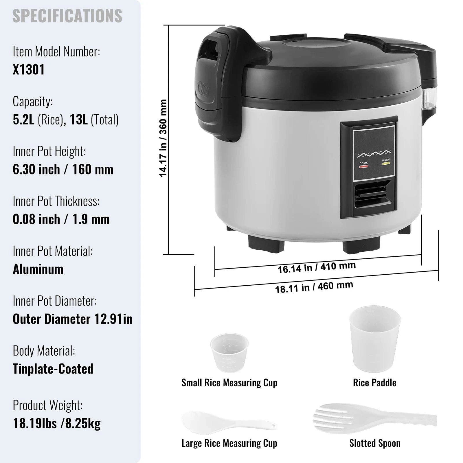 Commercial Rice Cooker 60 Cup Capacity 13 L with Nonstick Inner Pot-13L / United States