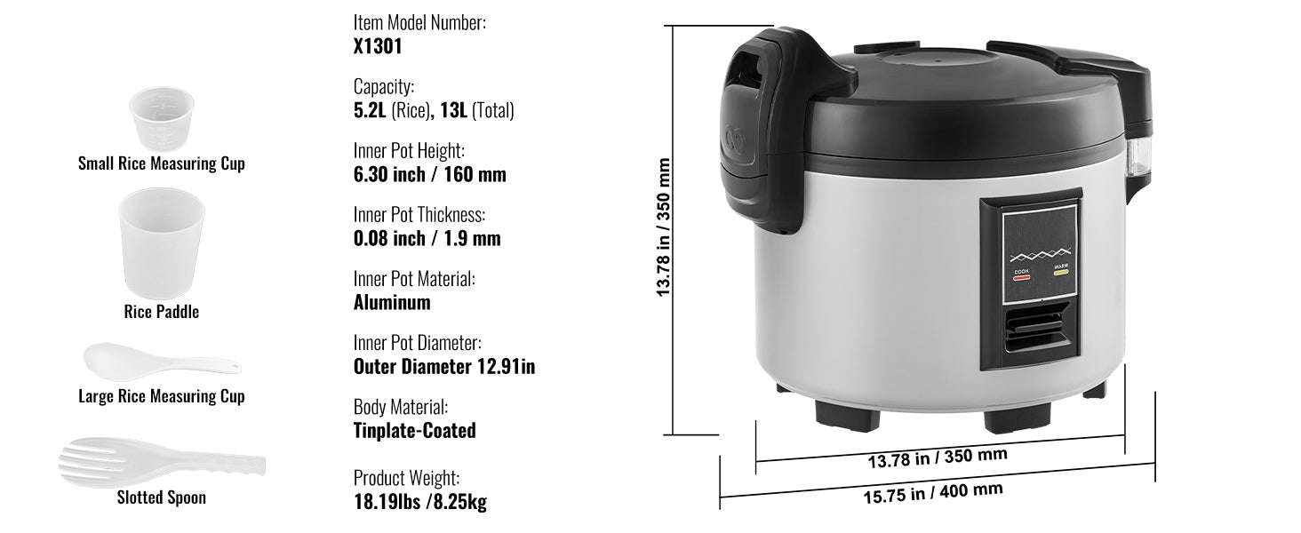 Commercial Rice Cooker 60 Cup Capacity 13 L with Nonstick Inner Pot-13L / United States
