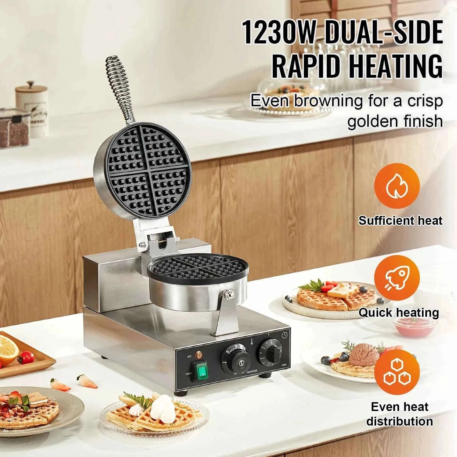Commercial Round Waffle Maker Non-Stick Stainless Steel-france