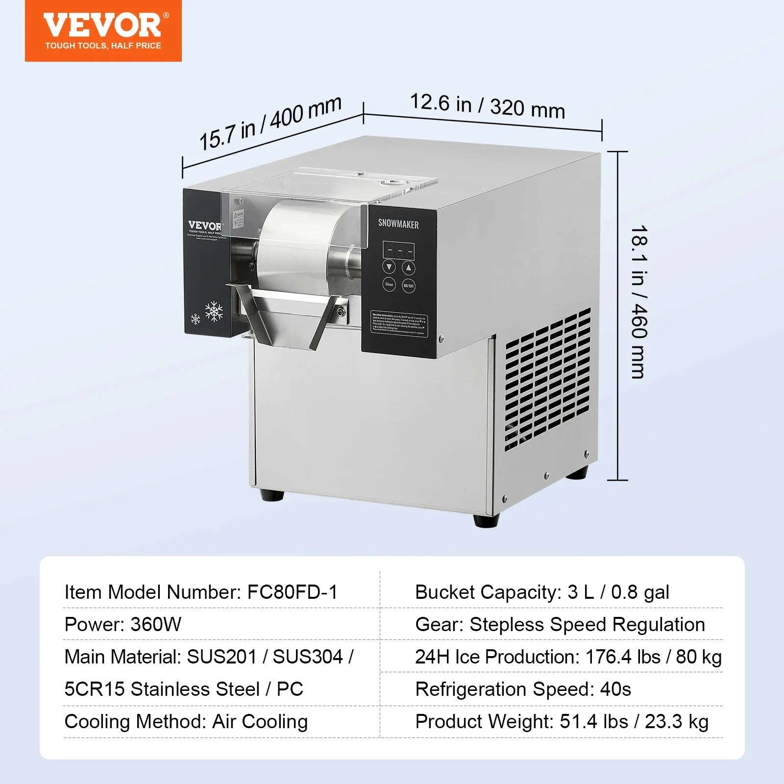Commercial Snowflake Ice Machine Stainless Steel Air-Cooled System-360W / United States