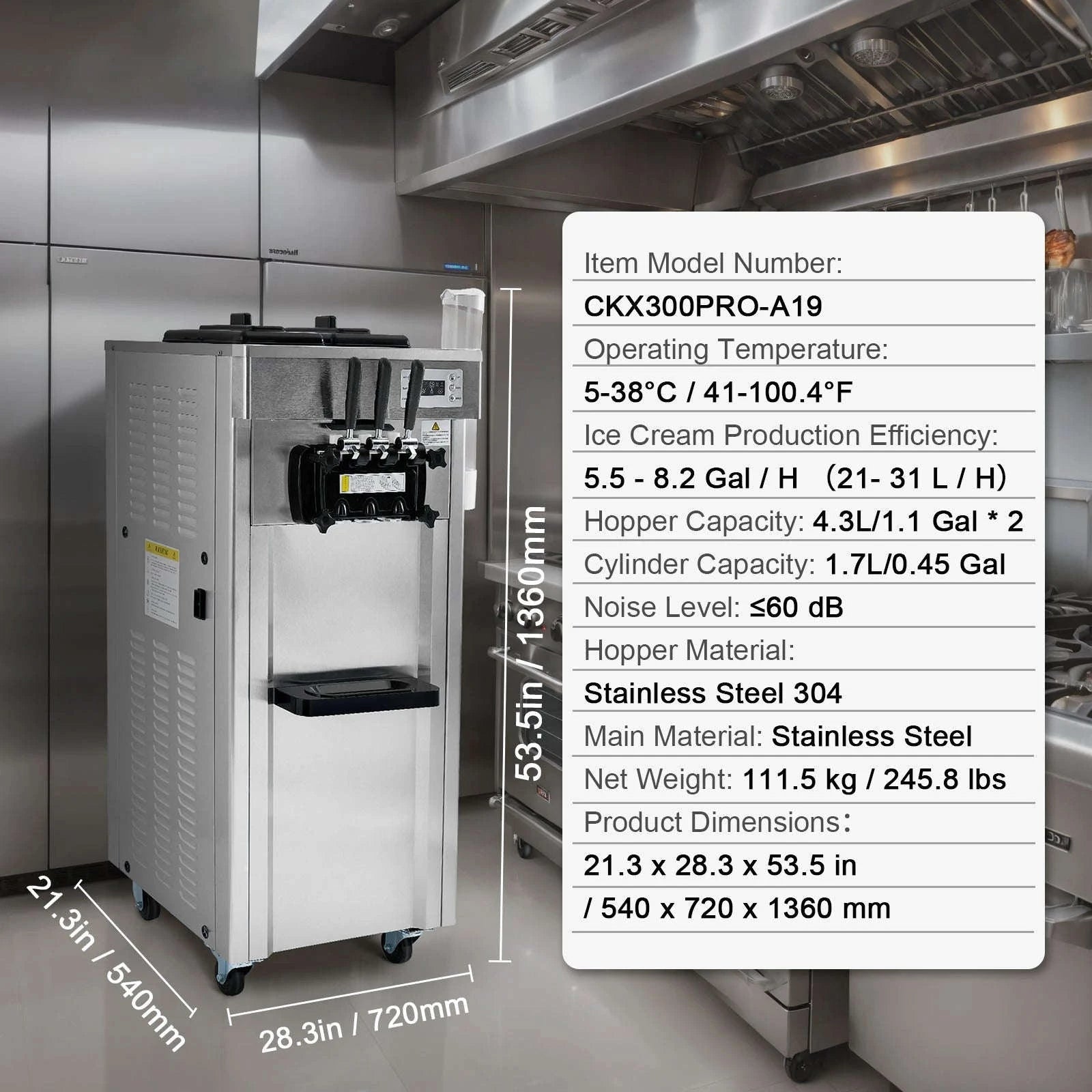Commercial Soft Ice Cream Machine 3 Flavors Pre-Cooling LED Panel Single Cylinder Overnight Refrigeration-4.3Lx2 / United States