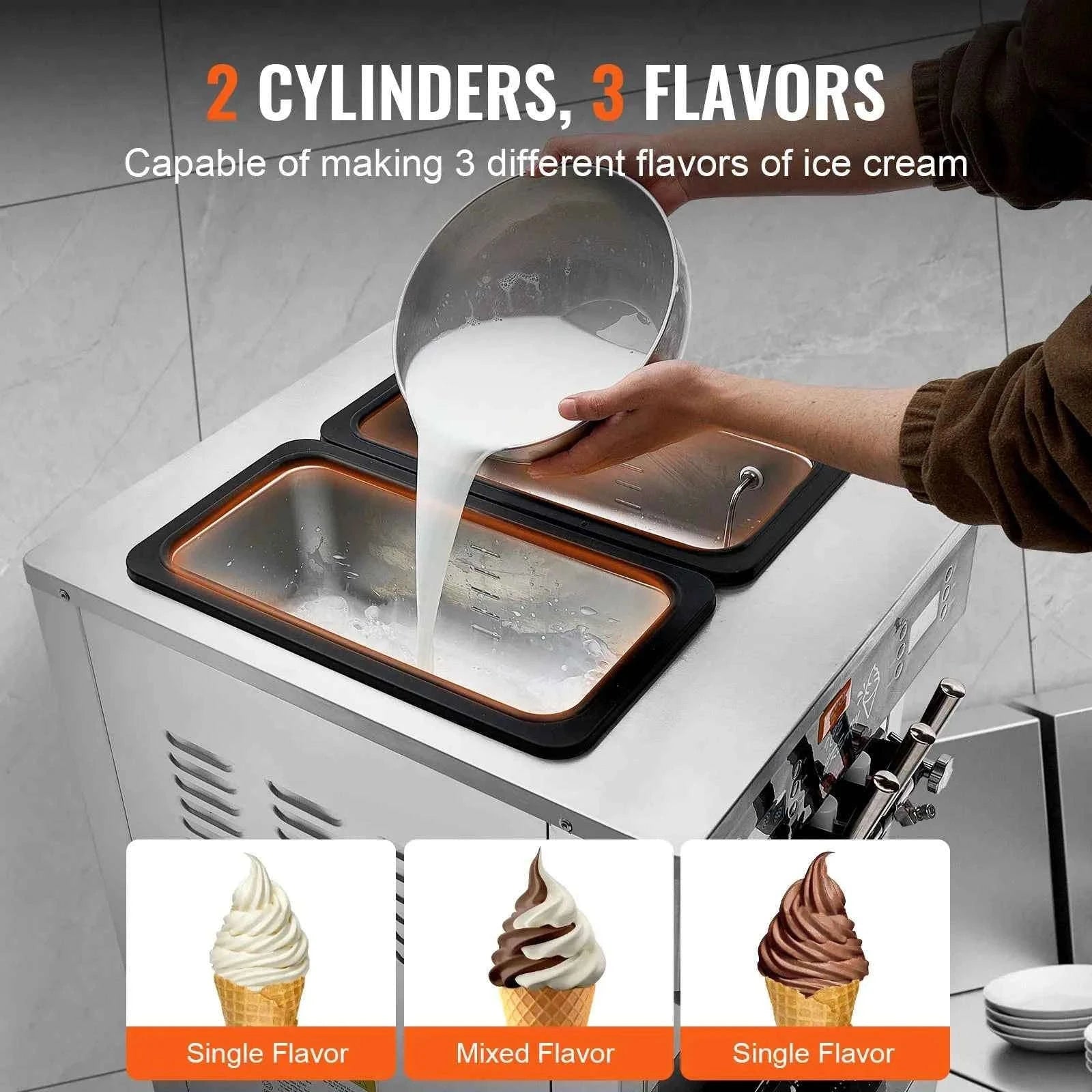 Commercial Soft Ice Cream Machine 3 Flavors Pre-Cooling LED Panel Single Cylinder Overnight Refrigeration-4.3Lx2 / United States