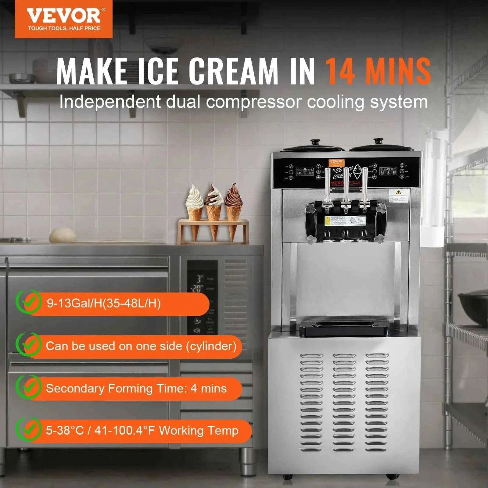 Commercial Soft Ice Cream Machine 3 Flavors Pre-Cooling LED Panel Single Cylinder Overnight Refrigeration-4.3Lx2 / United States