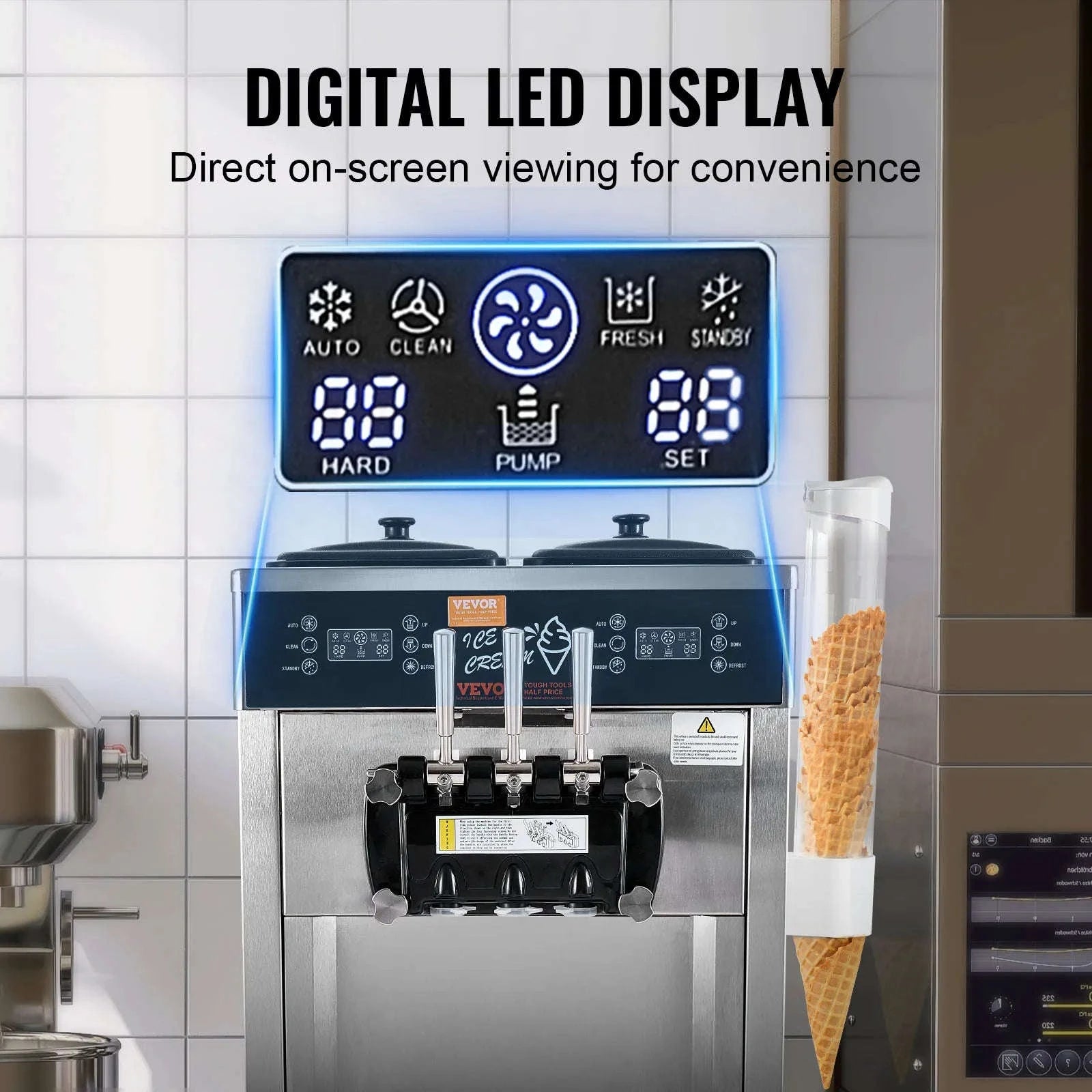 Commercial Soft Ice Cream Machine 3 Flavors Pre-Cooling LED Panel Single Cylinder Overnight Refrigeration-4.3Lx2 / United States