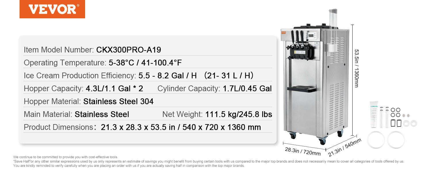 Commercial Soft Ice Cream Machine 3 Flavors Pre-Cooling LED Panel Single Cylinder Overnight Refrigeration-4.3Lx2 / United States