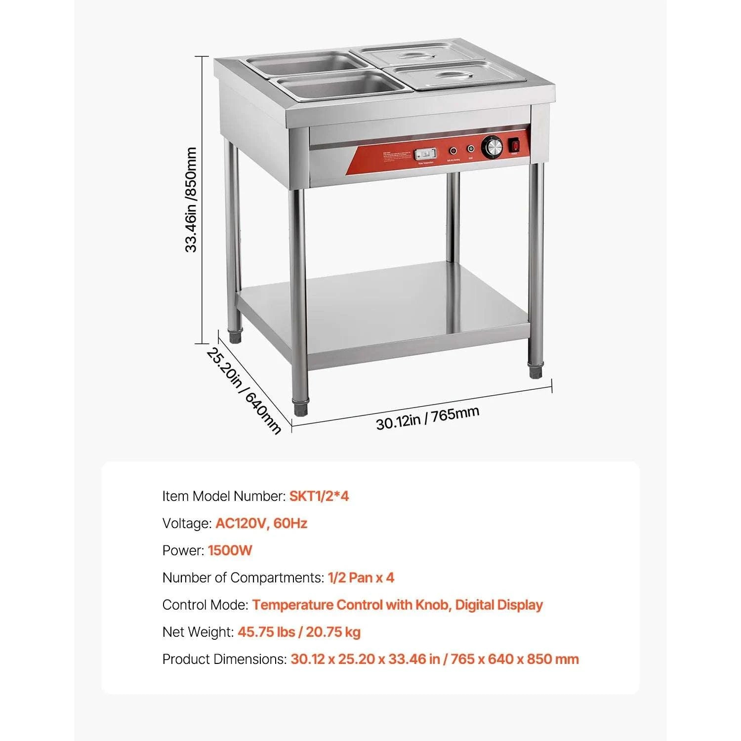 Commercial Stainless Steel Electric Food Warmer Steam Table-4 Pans / United States