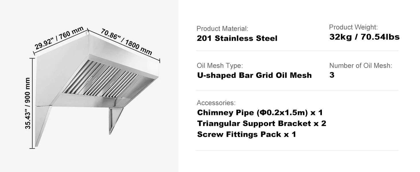 Commercial Stainless Steel Exhaust Hood Under Cabinet Range Hood-6FT 0.5HP / United States