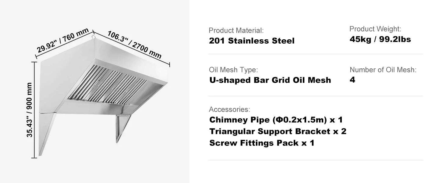 Commercial Stainless Steel Exhaust Hood Under Cabinet Range Hood-6FT 0.5HP / United States