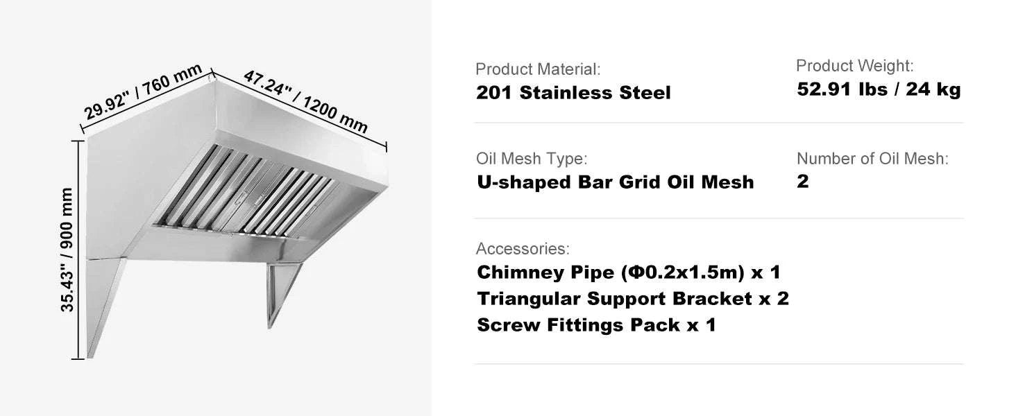 Commercial Stainless Steel Exhaust Hood Under Cabinet Range Hood-6FT 0.5HP / United States