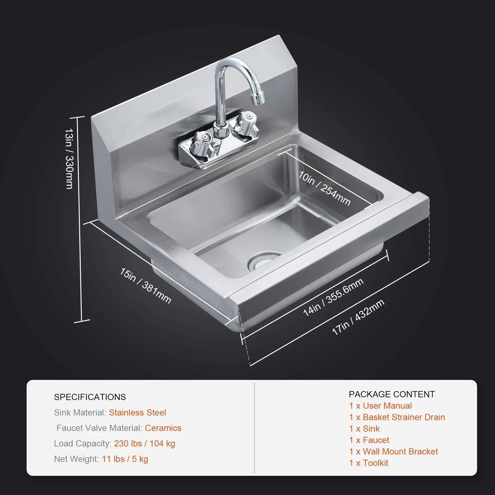 Commercial Stainless Steel Hand Sink with Faucet & Side Splash-No baffle / United States