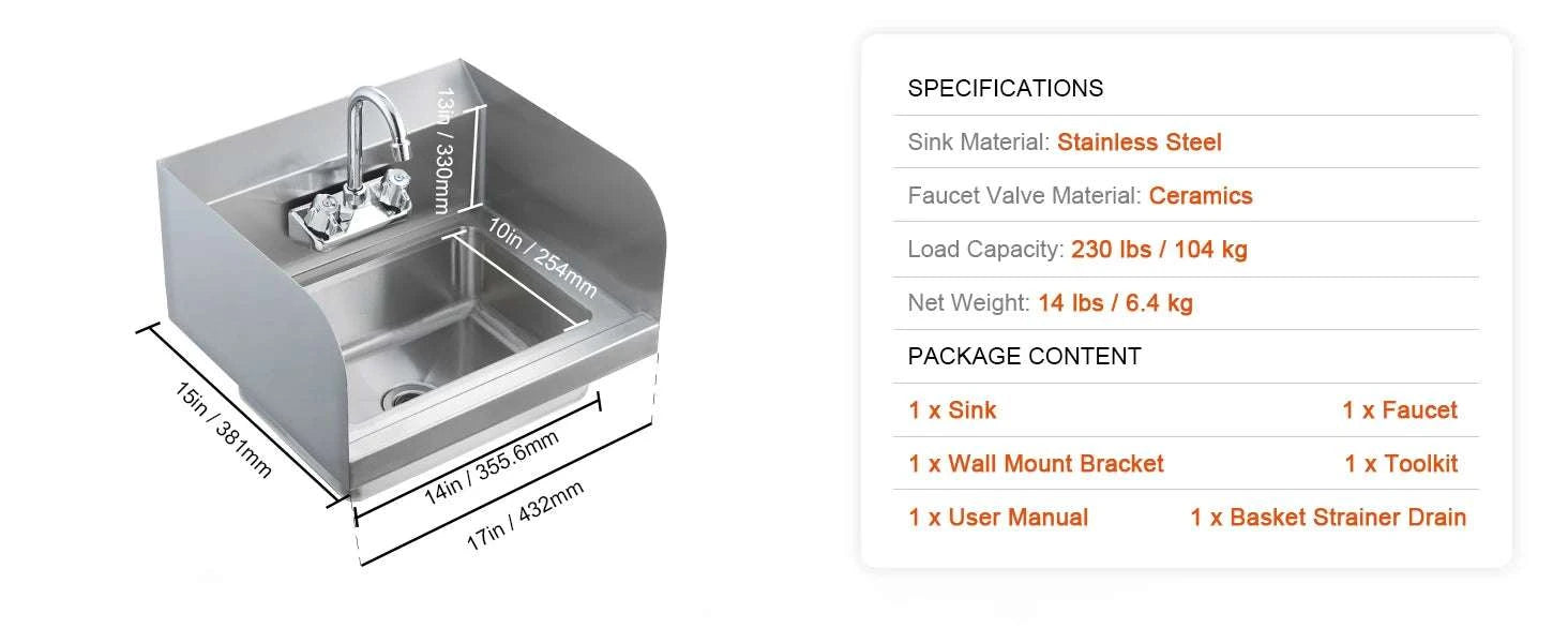 Commercial Stainless Steel Hand Sink with Faucet & Side Splash-No baffle / United States