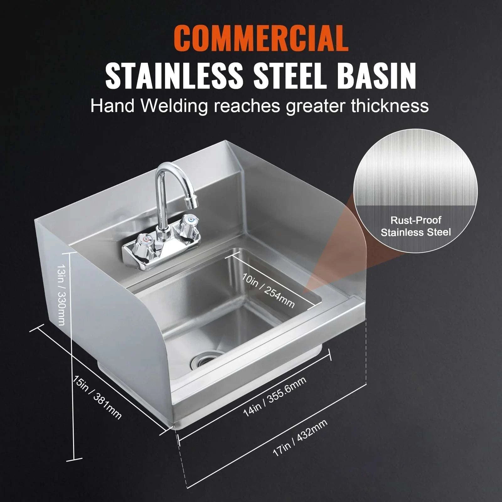 Commercial Stainless Steel Wall-Mount Hand Sink with Faucet-14x10inch / United States
