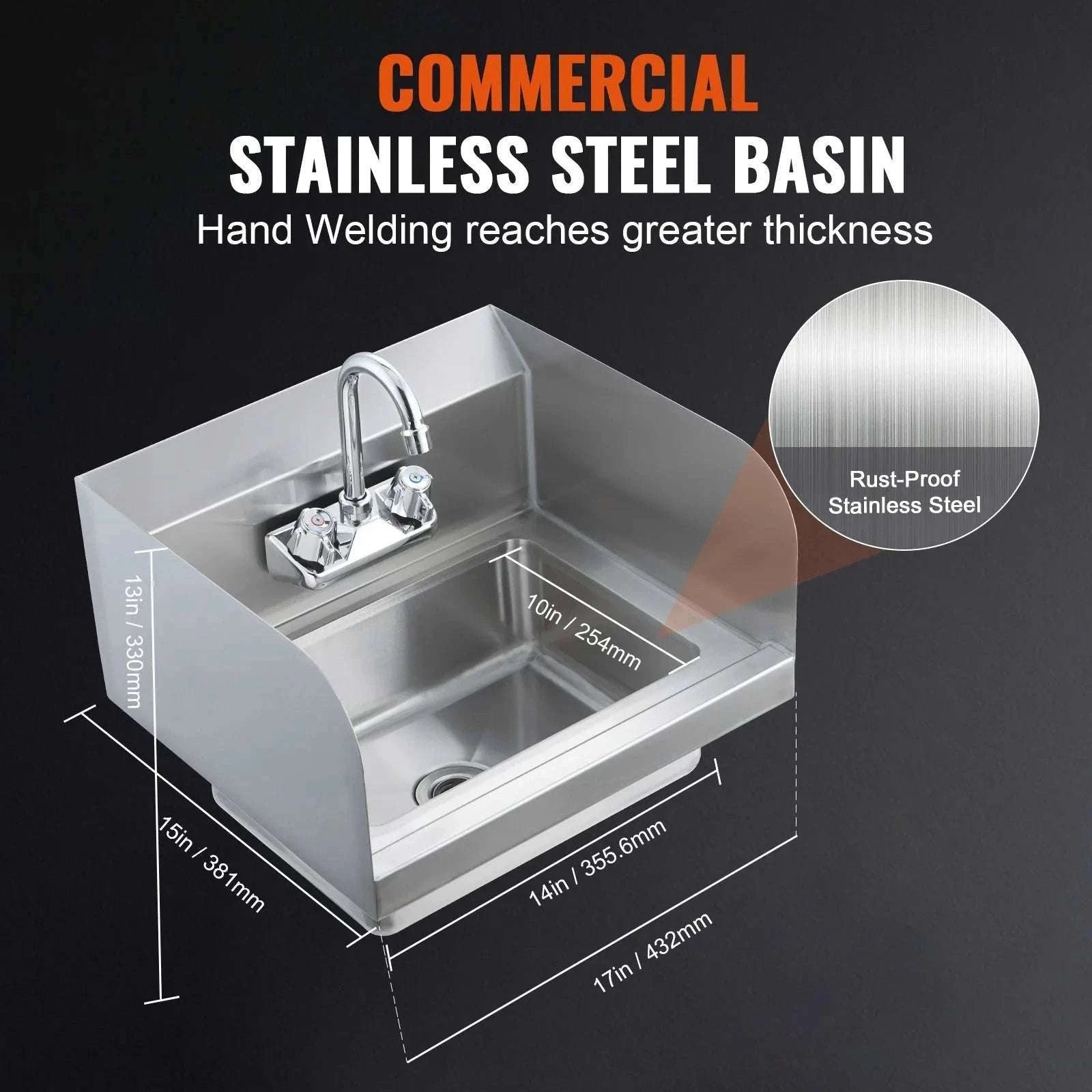 Commercial Stainless Steel Wall-Mount Hand Sink with Faucet-14x10inch / United States