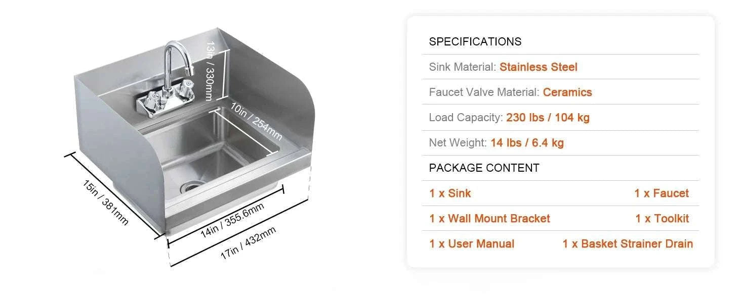Commercial Stainless Steel Wall-Mount Hand Sink with Faucet-14x10inch / United States