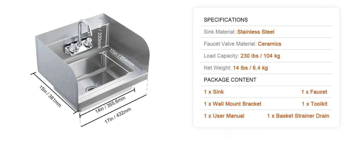 Commercial Stainless Steel Wall-Mount Hand Sink with Faucet-14x10inch / United States