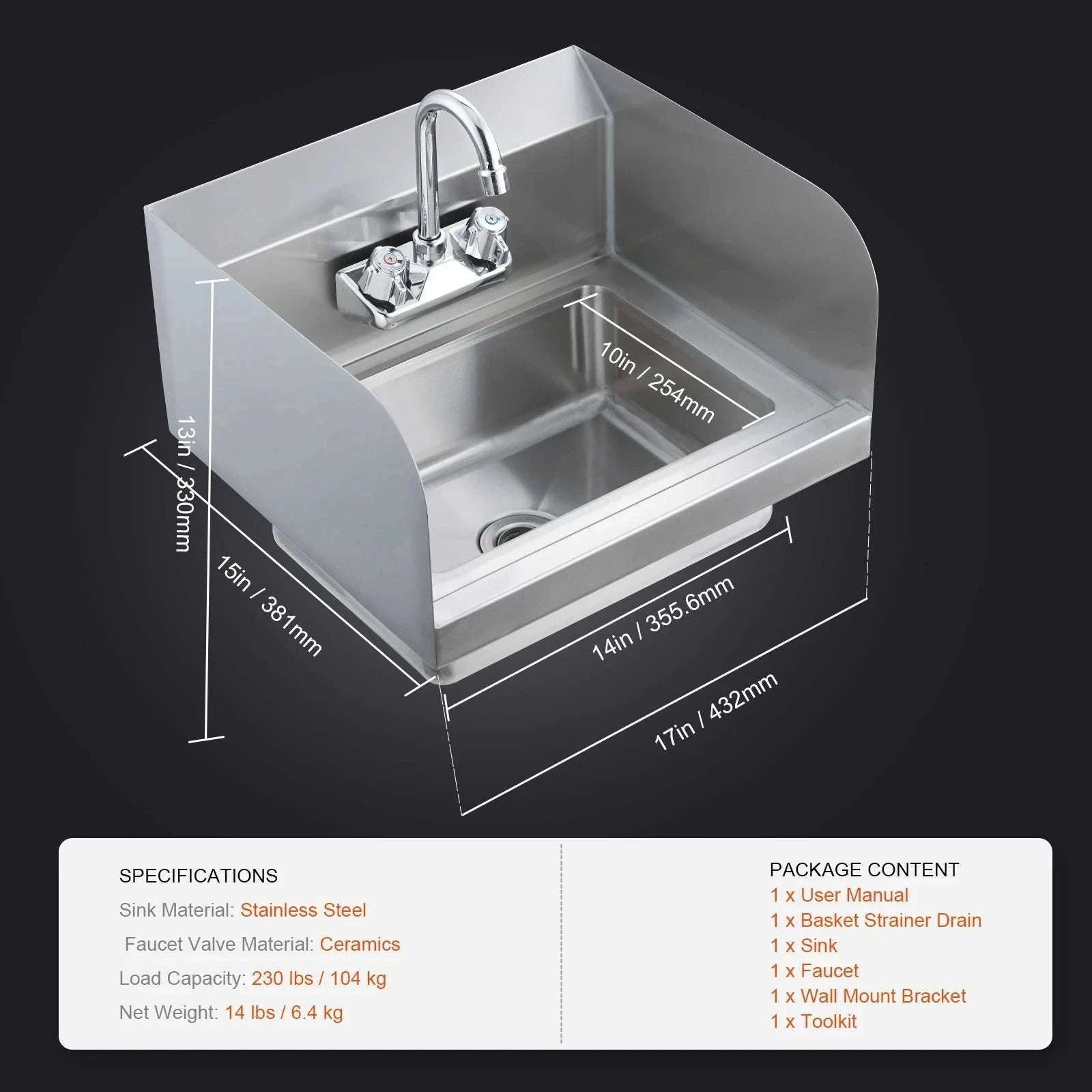 Commercial Stainless Steel Wall-Mount Hand Sink with Faucet-14x10inch / United States