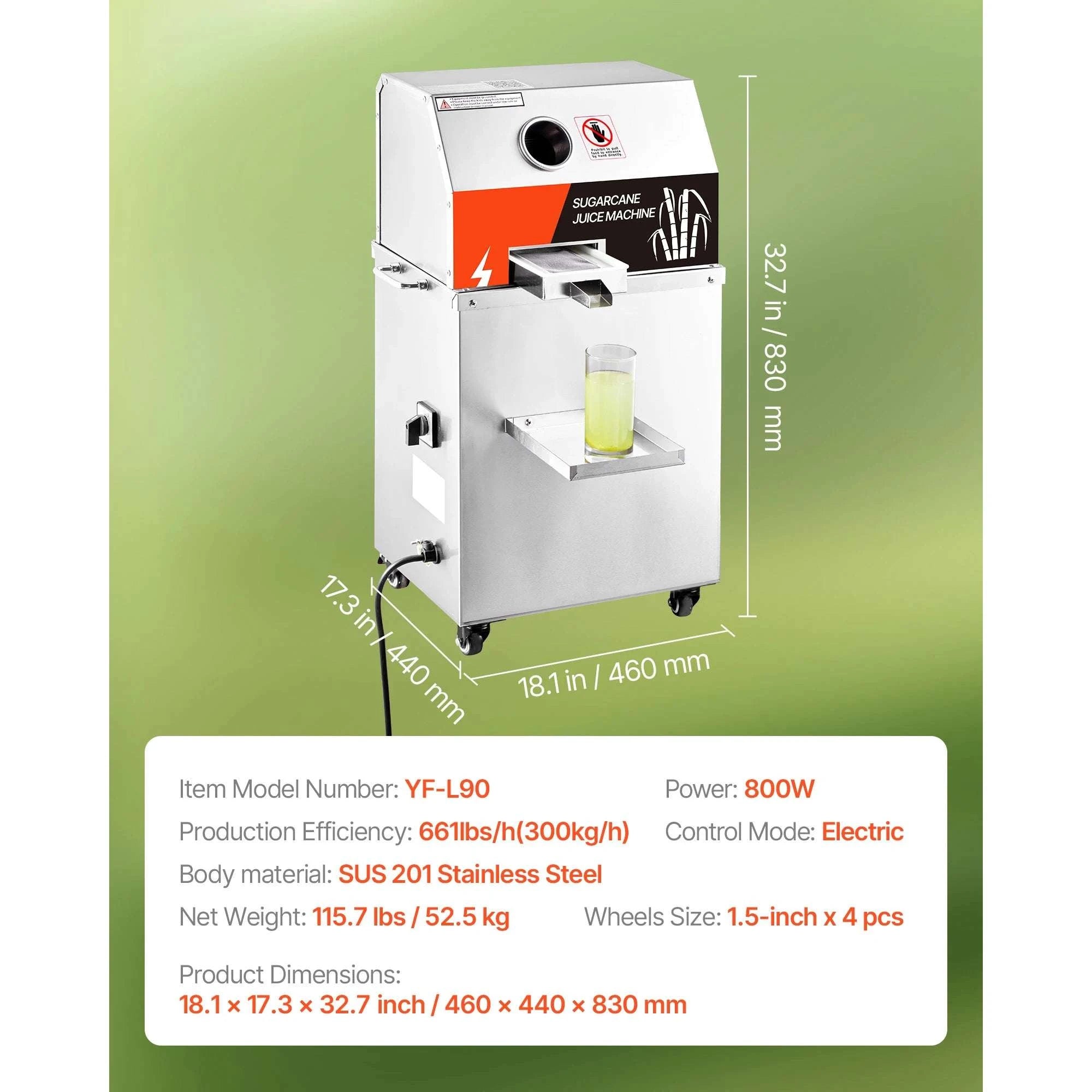Commercial Sugar Cane Juicer 800W High Output 3-Roller Machine-661LBS per hour / United States